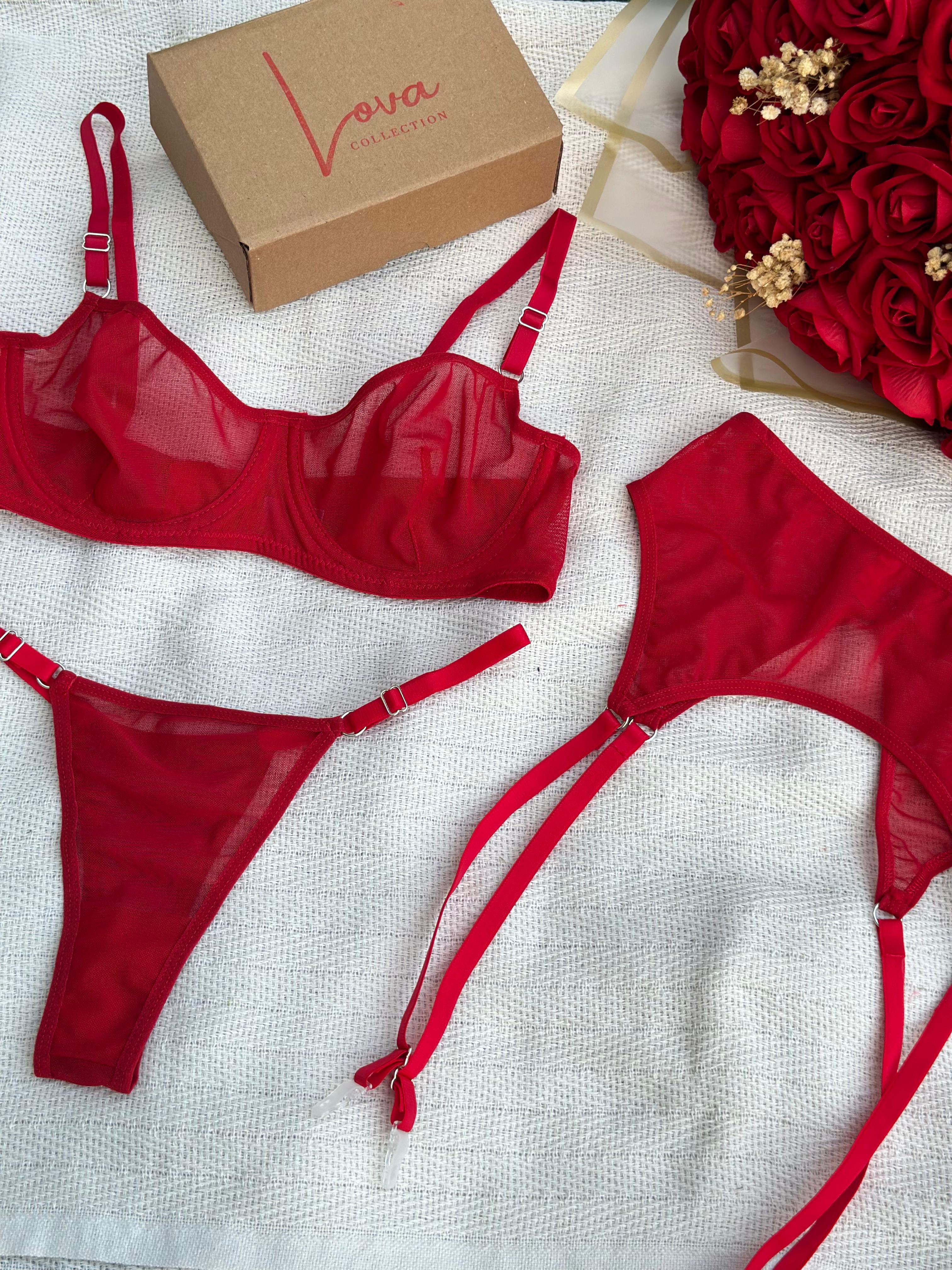 Nina Kırmızı Transparan Jartiyer Takım