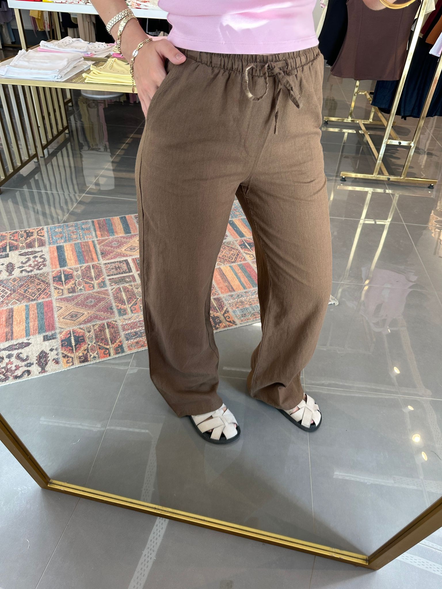 Ham Keten Bağcıklı Pantolon 