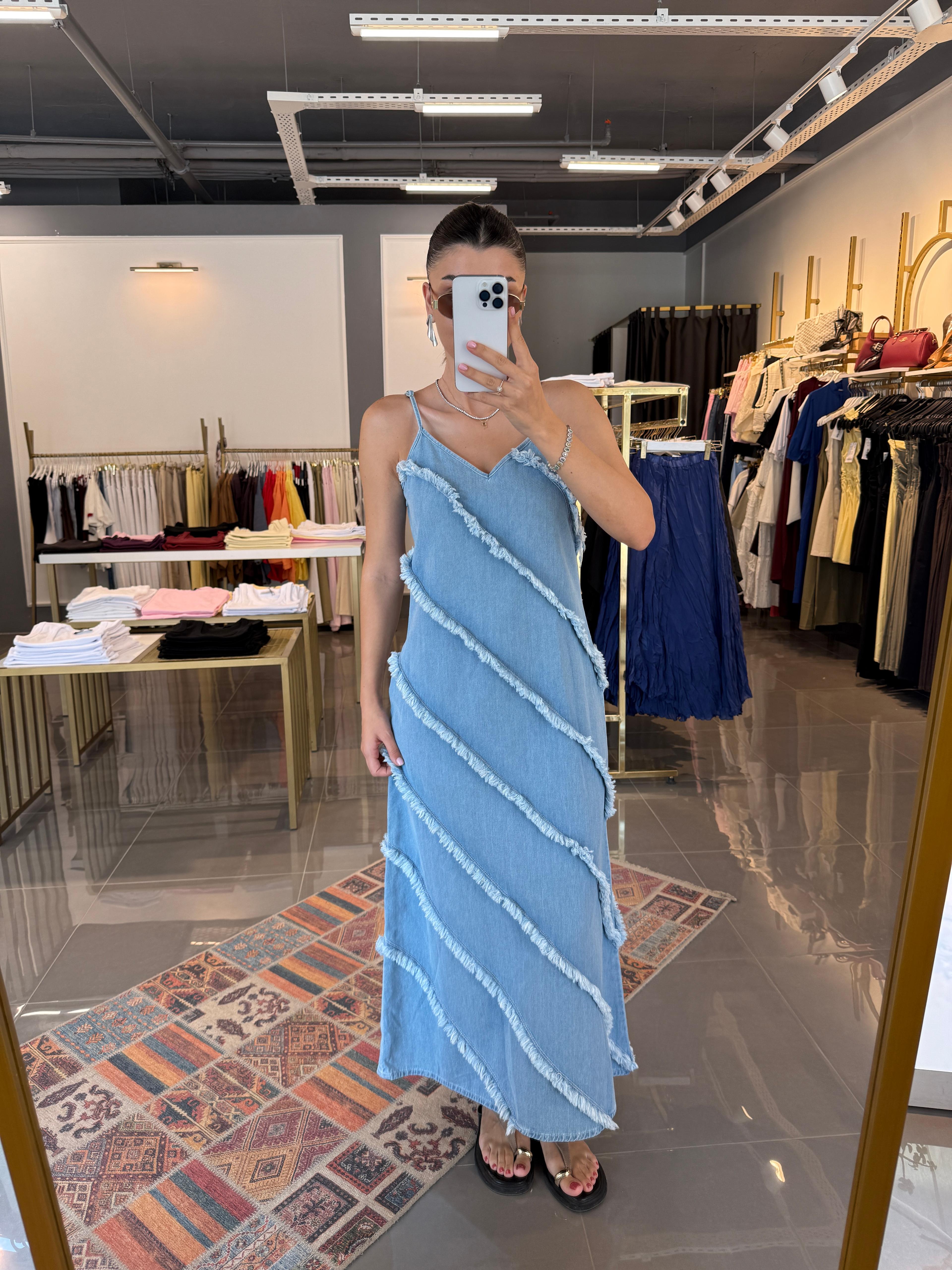 Premium Kumaş Parçalı Uzun Denim Elbise 