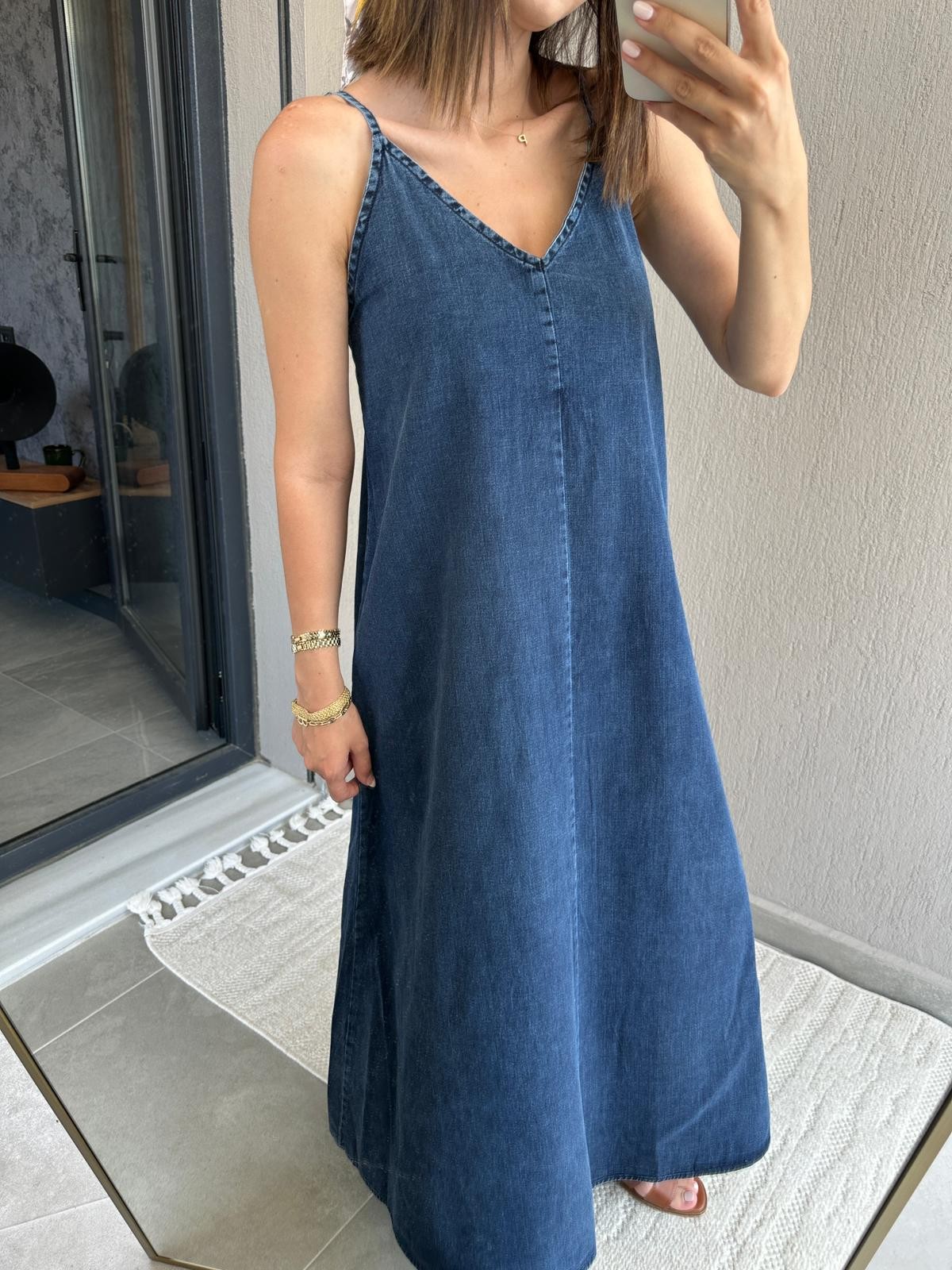 Premium İp Askılı Denim Elbise