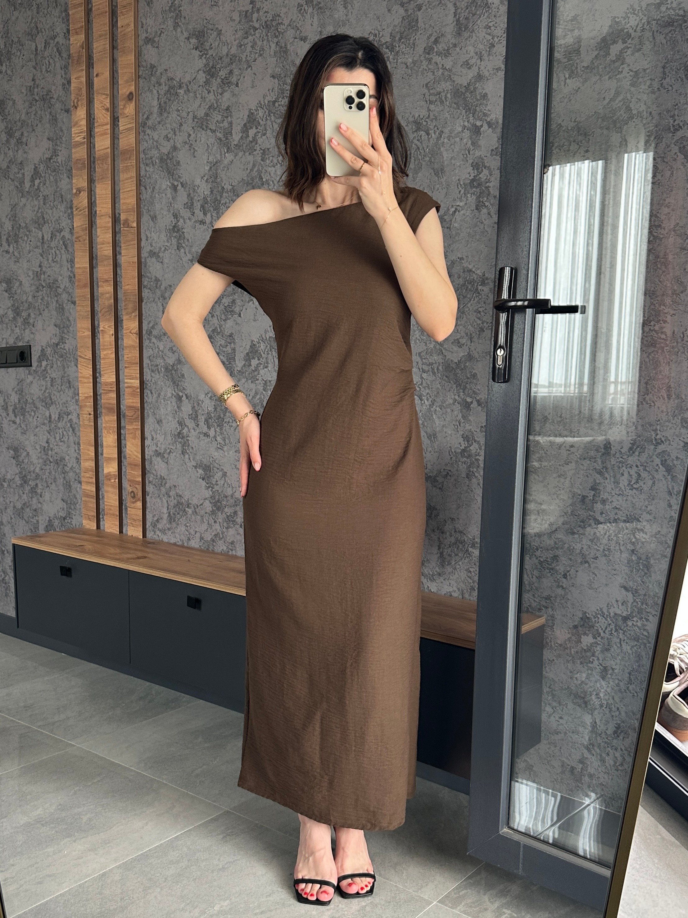 Ham Keten Drape Detay Elbise Kahve