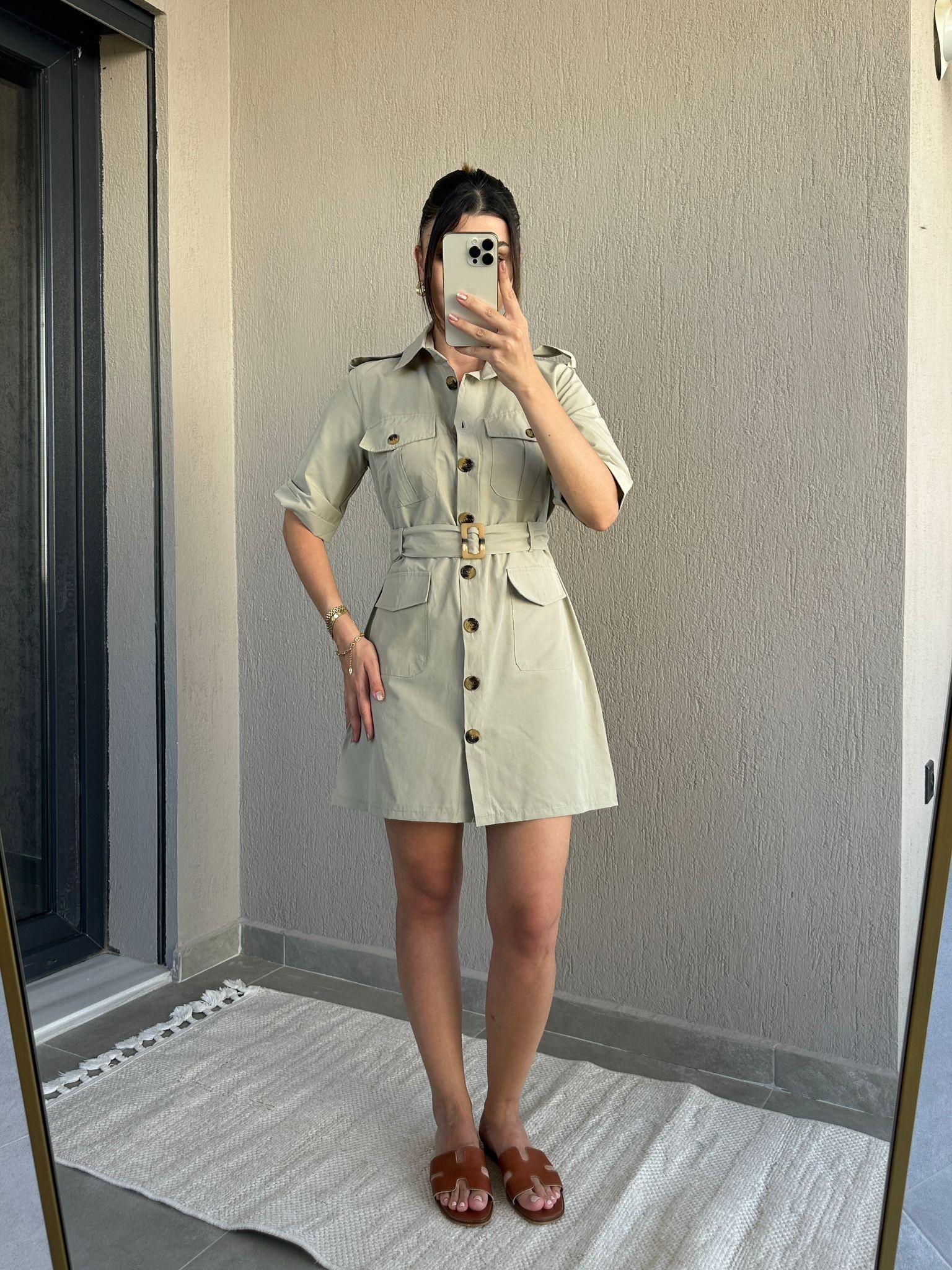Kemerli Cep Detay Gabardin Elbise