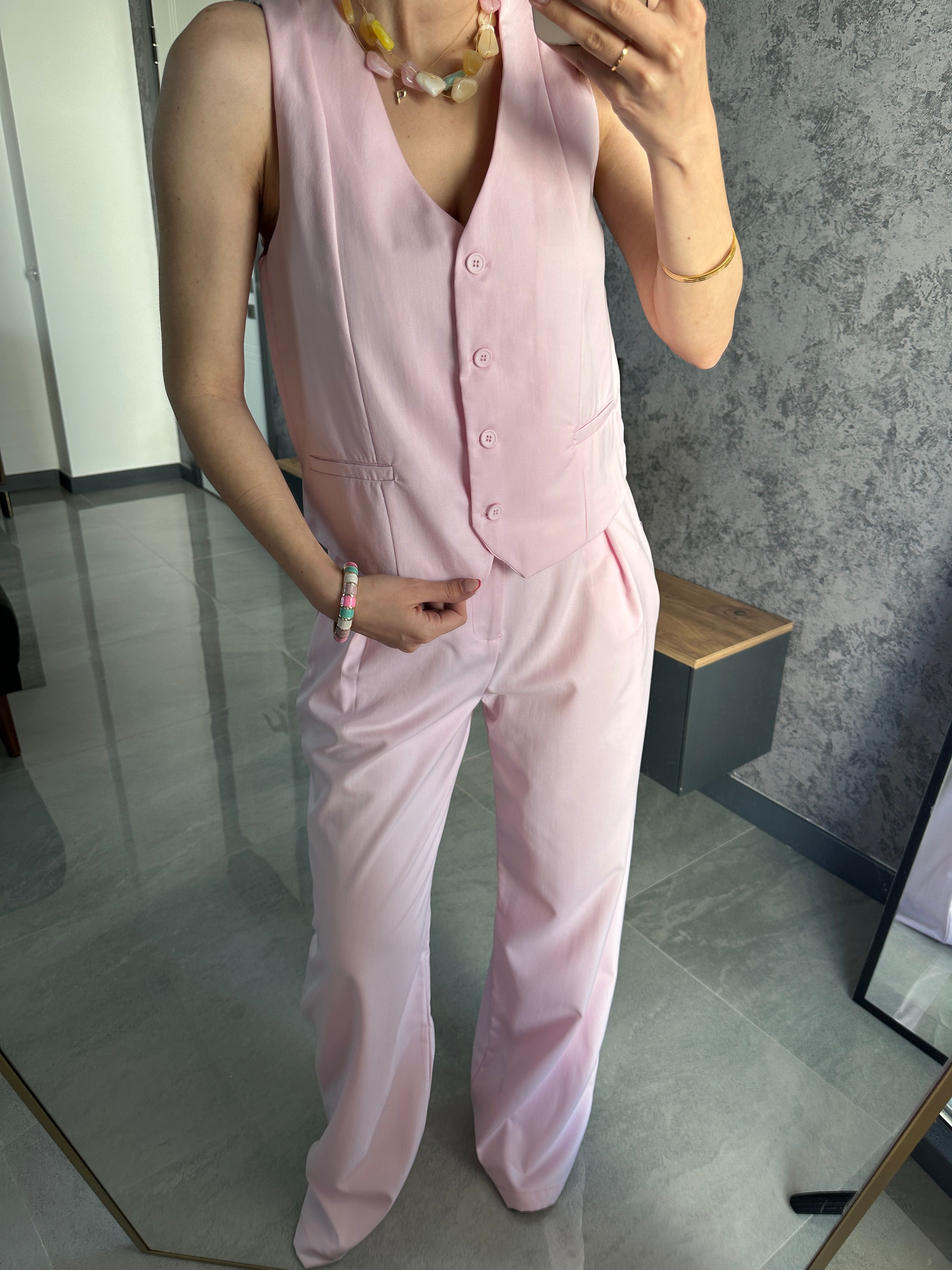 Lüks Kalite Kumaş Pantolon Yelek Takım Pembe