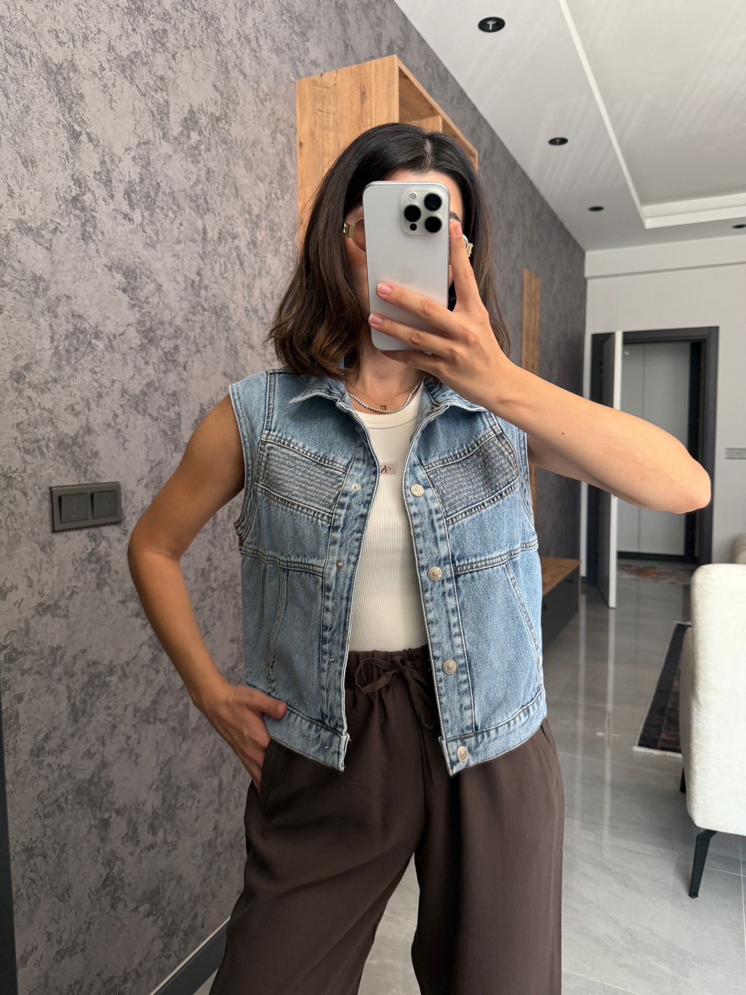 Dikiş Detay Denim Yelek
