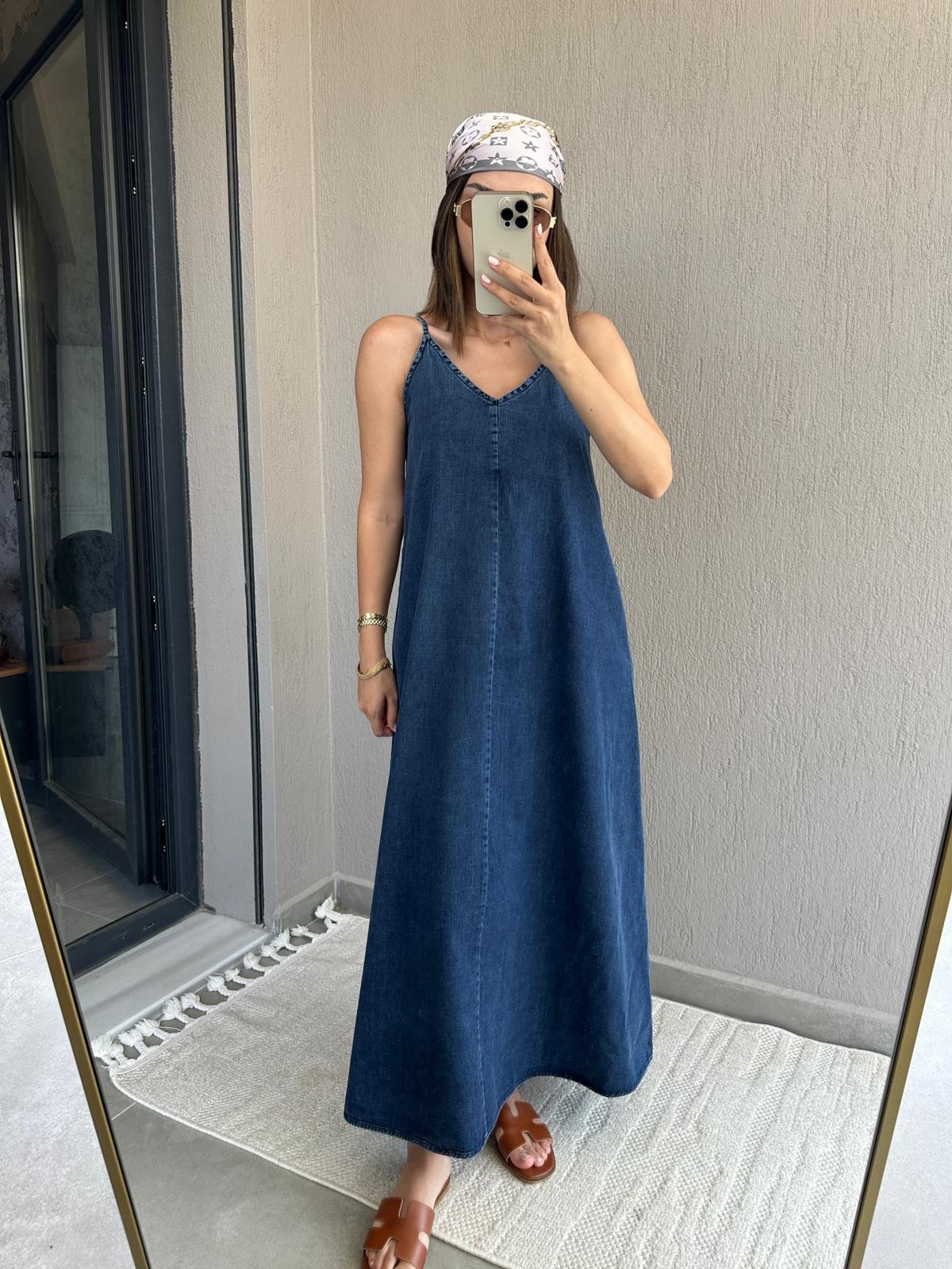Premium İp Askılı Denim Elbise