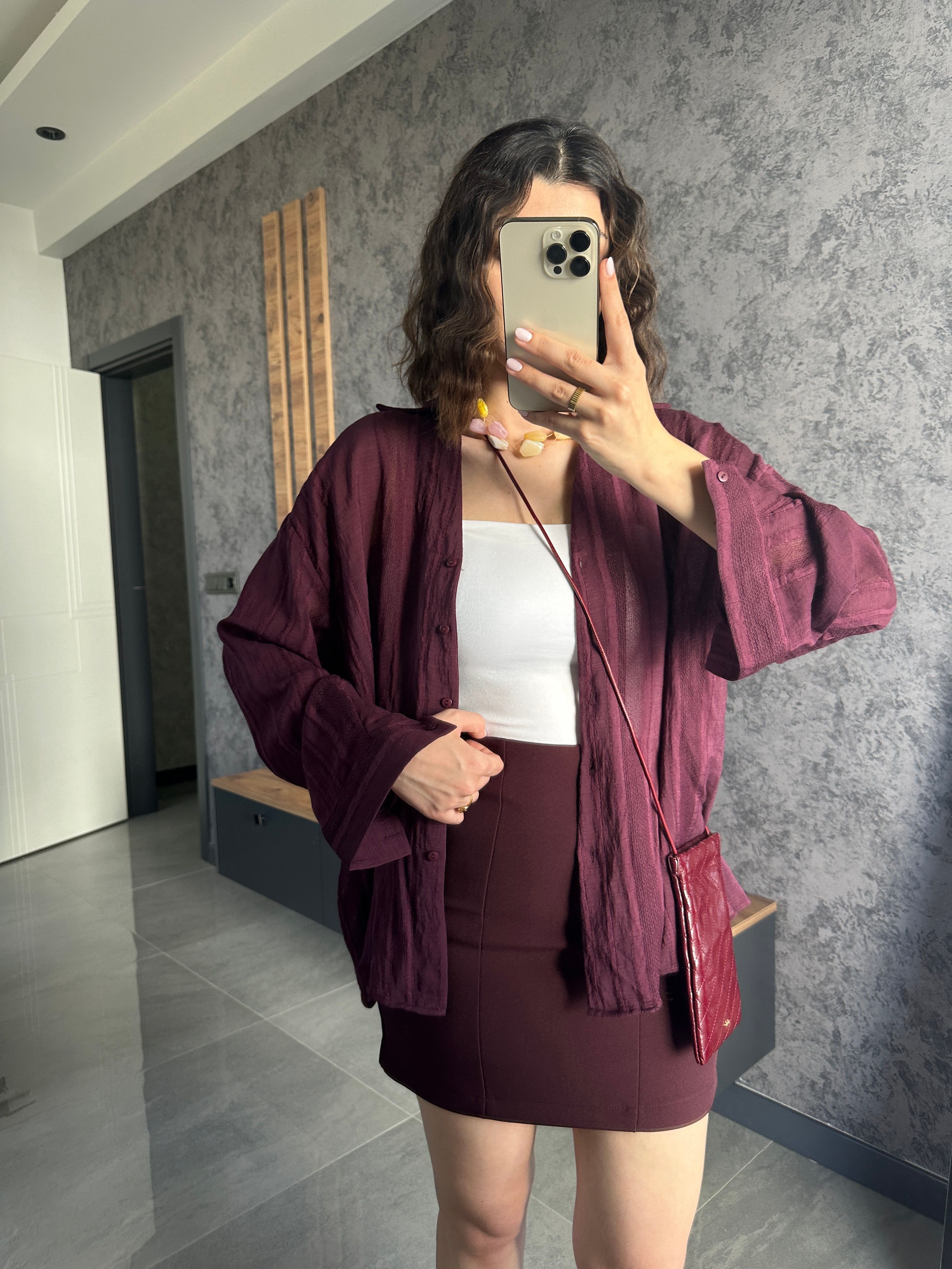 Premium Kumaş Mini Etek Mürdüm