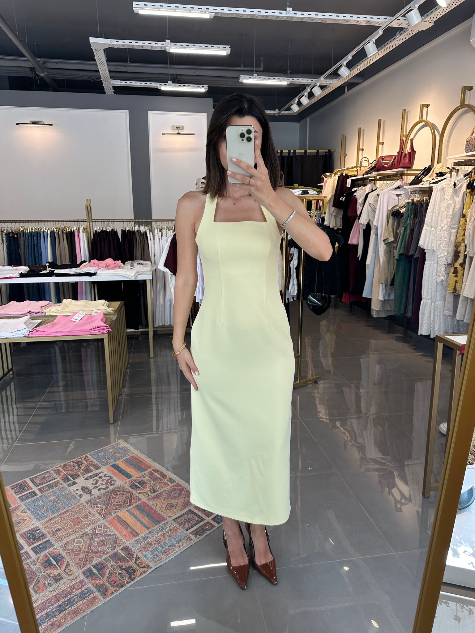 Premium Boyundan Askılı Midi Elbise Sarı
