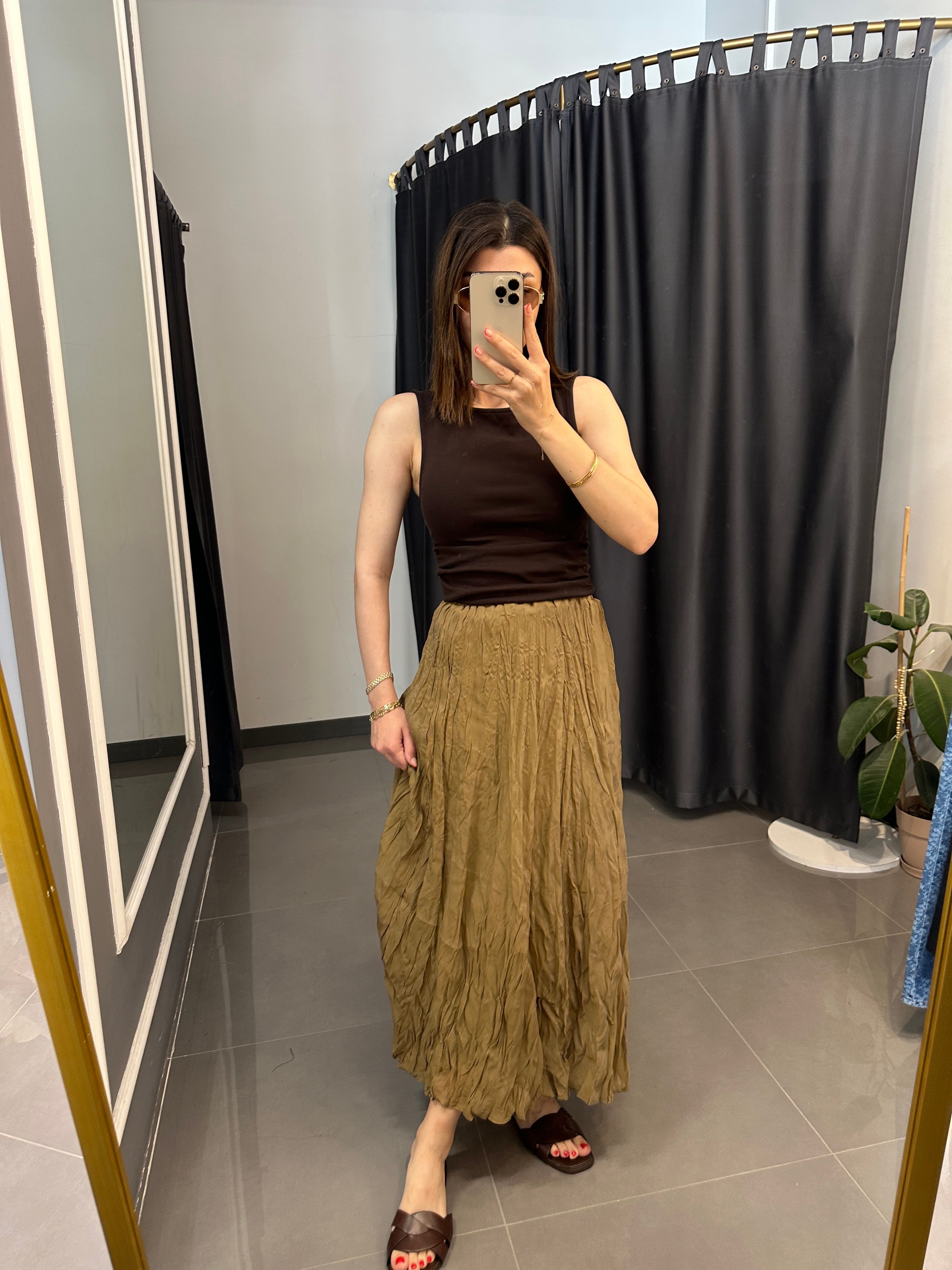 Lüks Kalite Kırışık Etek Olive