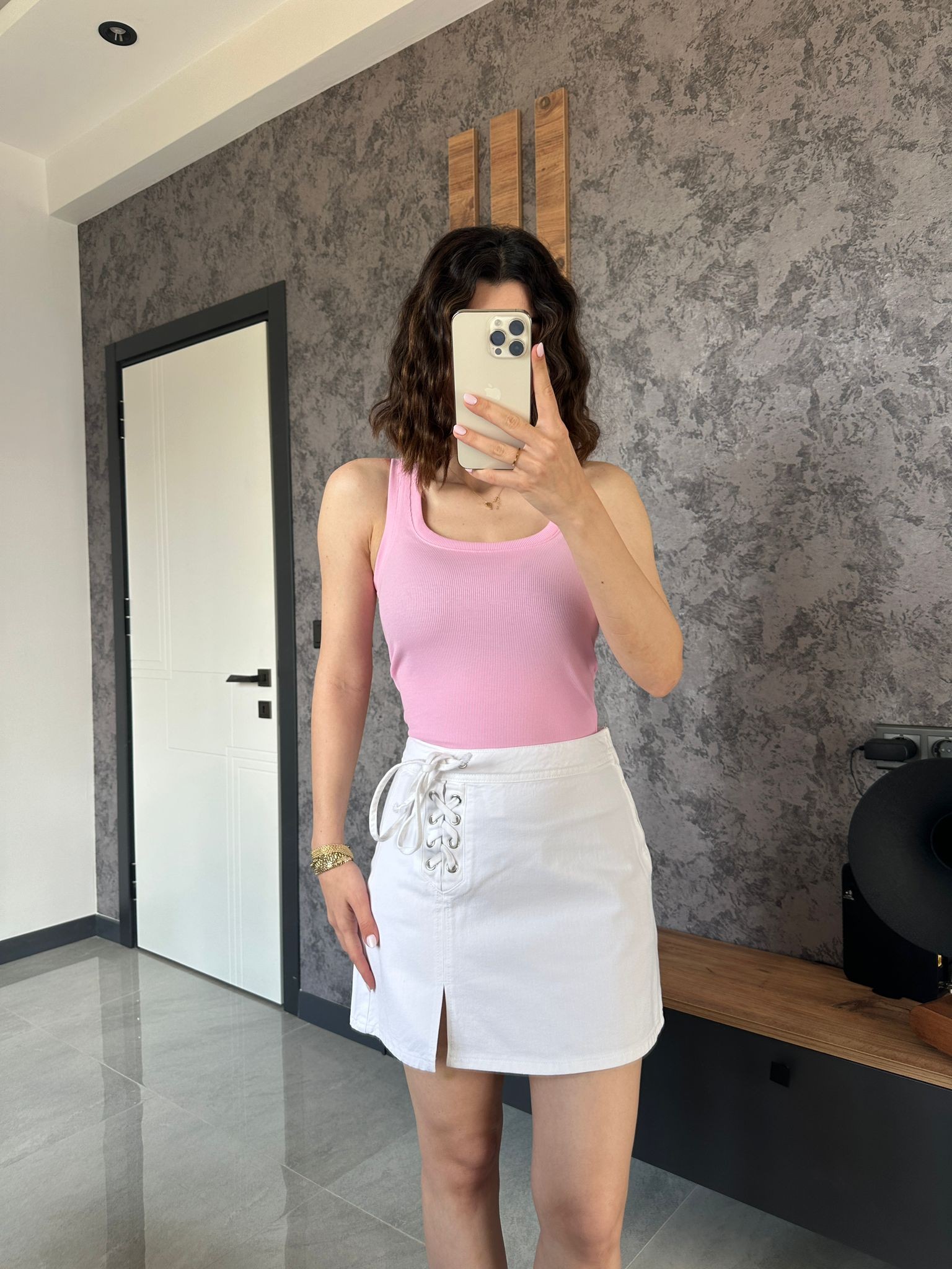 Özel Seri Kuşgözü Denim Etek Beyaz