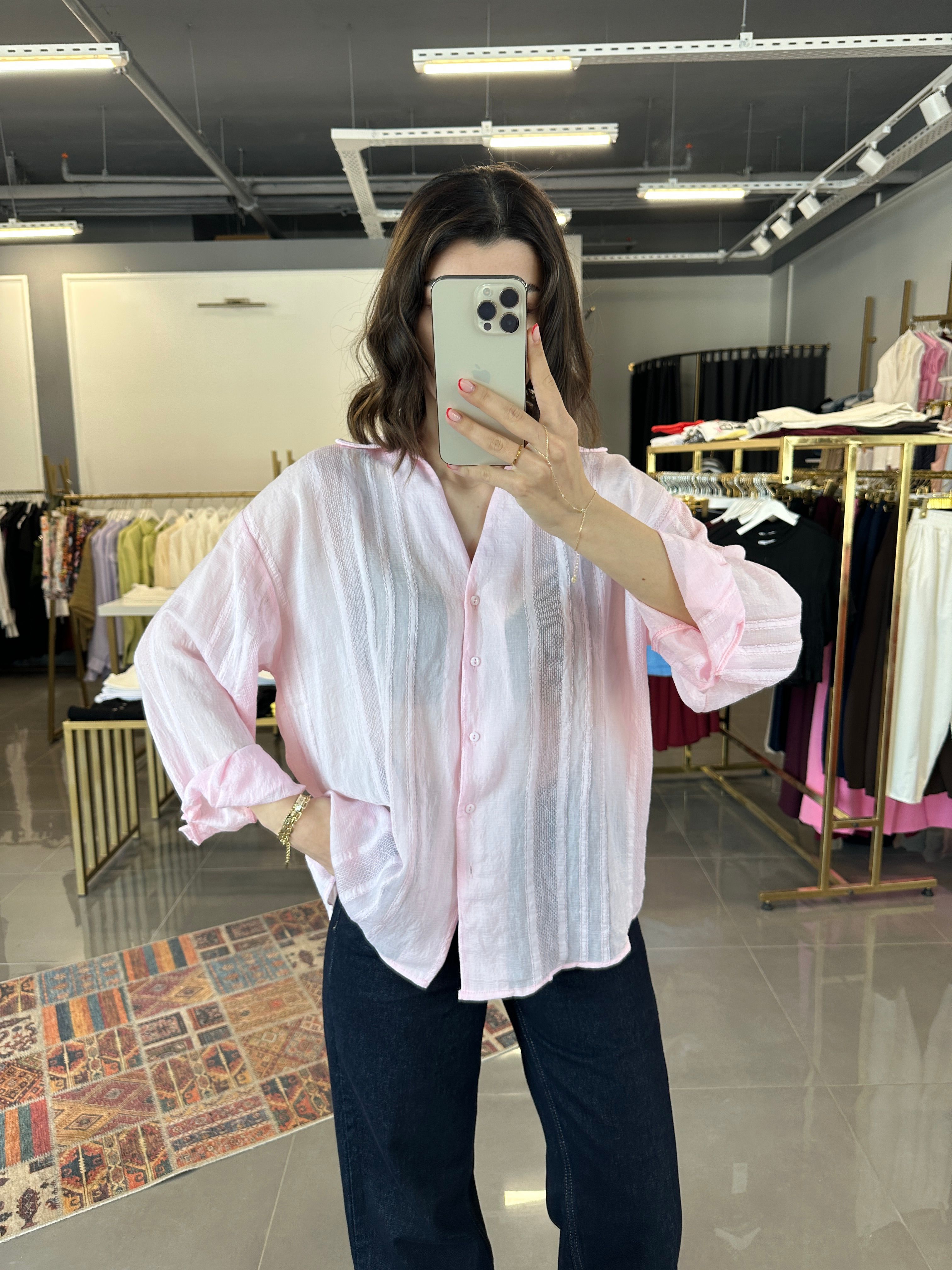 Premium Nakışlı Tensel Gömlek Pembe STD