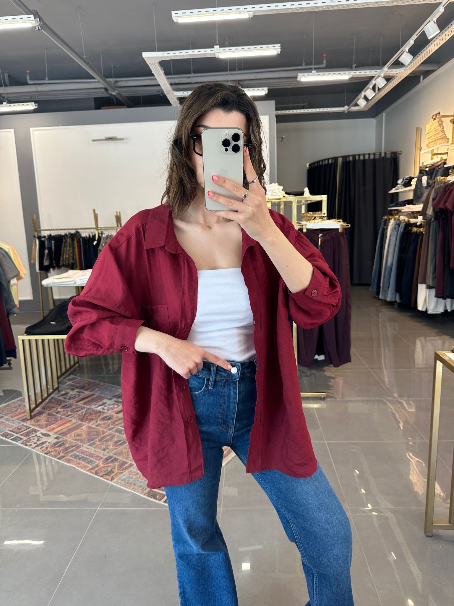 Oversize Düşük Omuz Tensel Gömlek Bordo STD