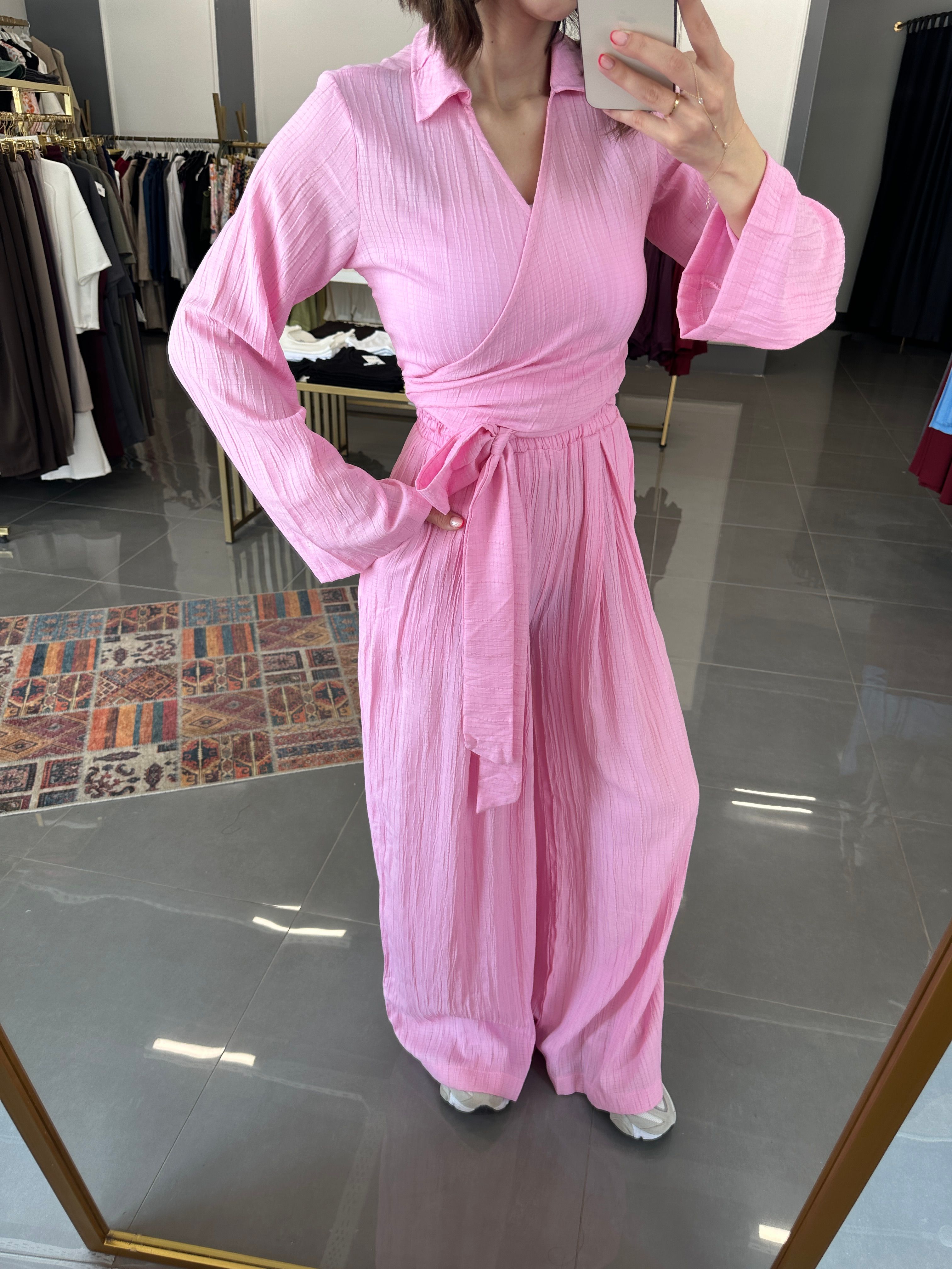 Gofre Kumaş Tasarım Takım Pembe 
