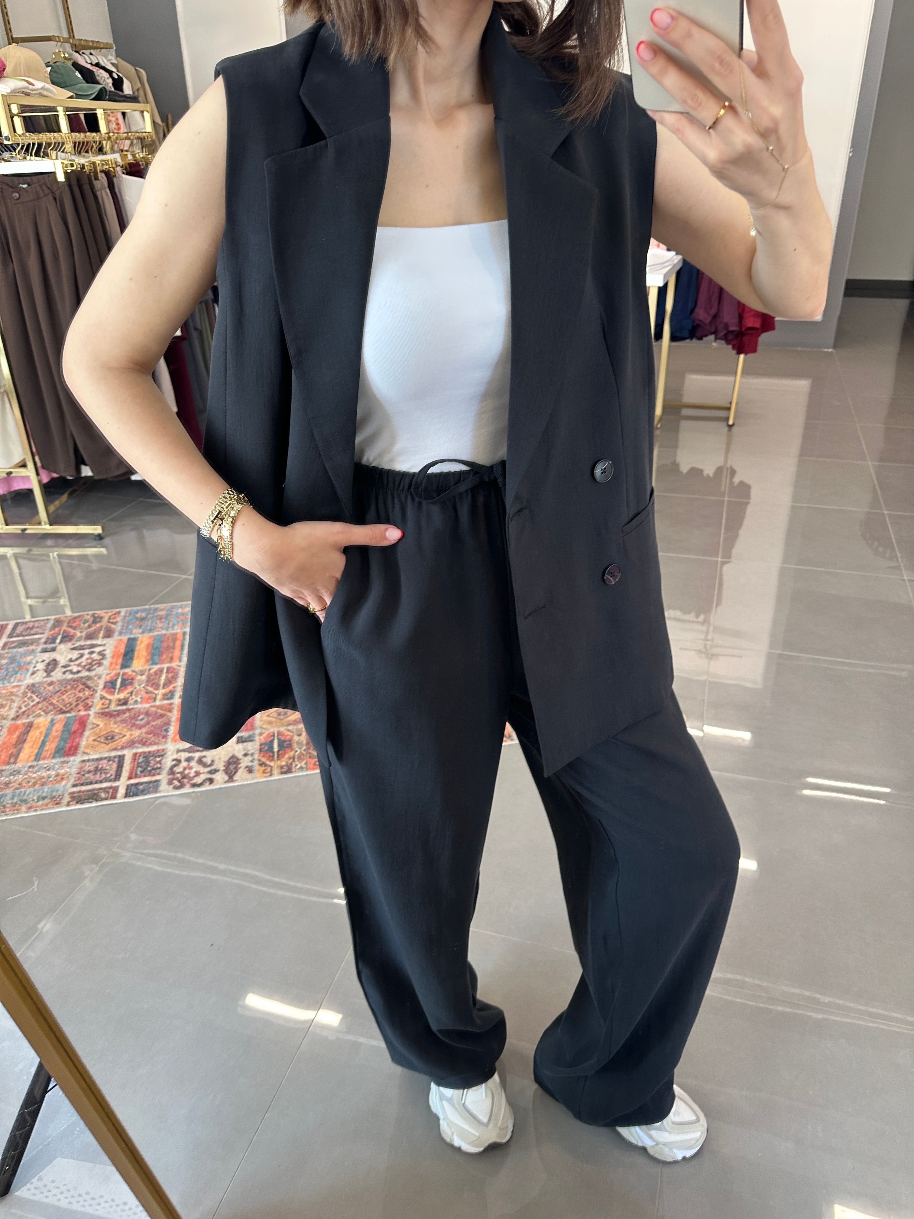Oversize Yelek Pantolon Tensel Takım Siyah