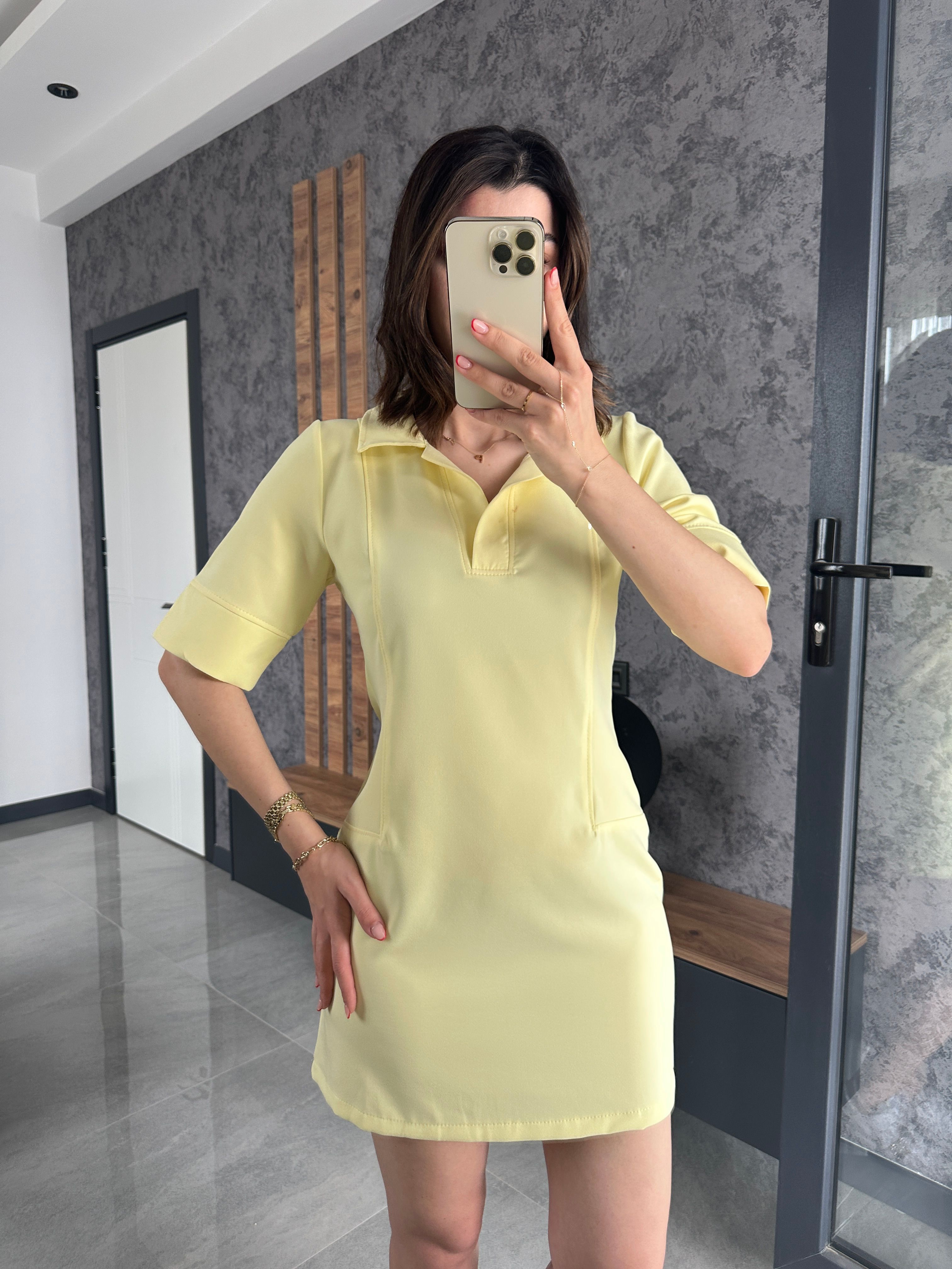 Lüks Kalite Gömlek Yaka Elbise Sarı