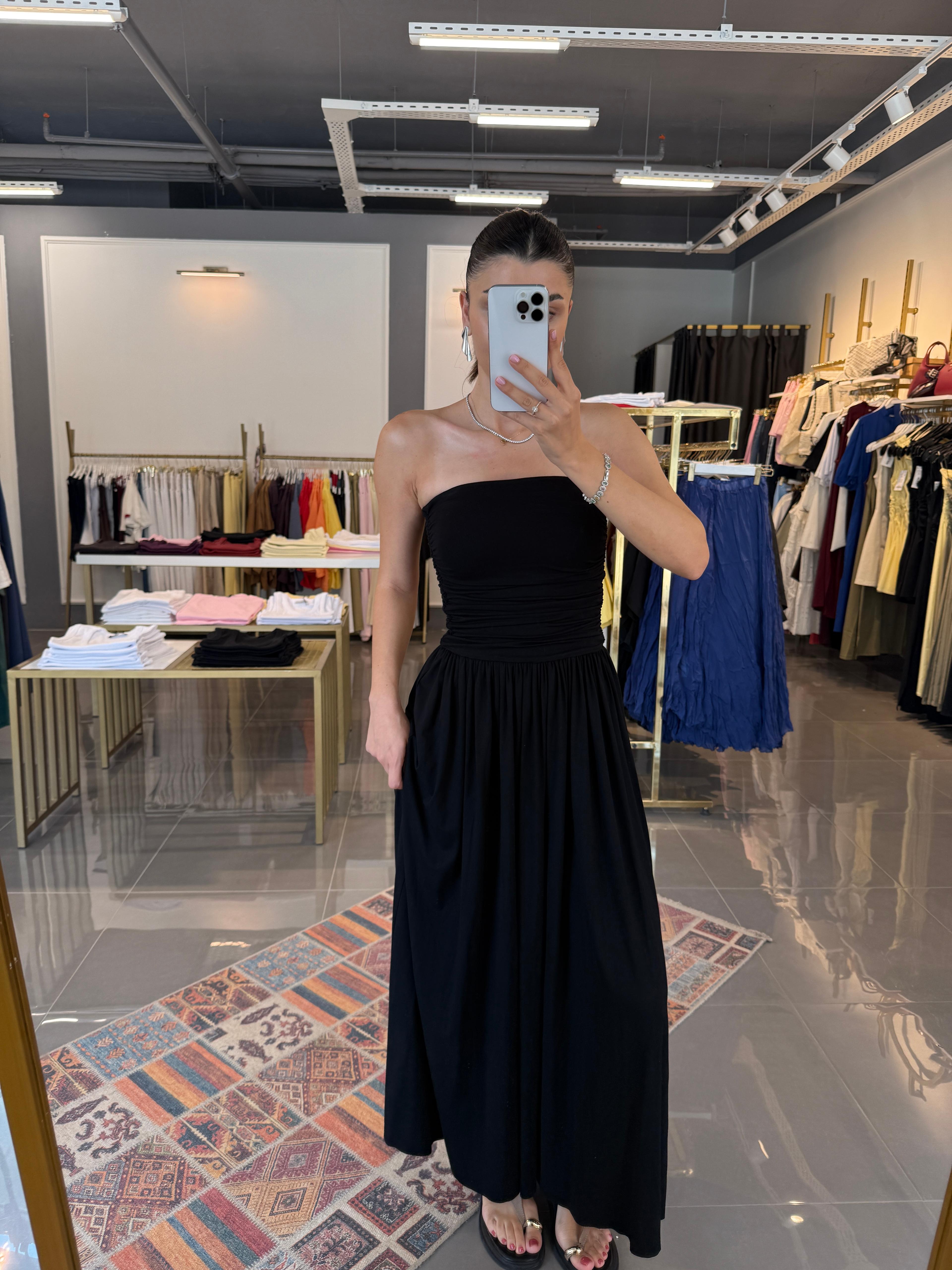  Straplez Büzgülü Modal Elbise