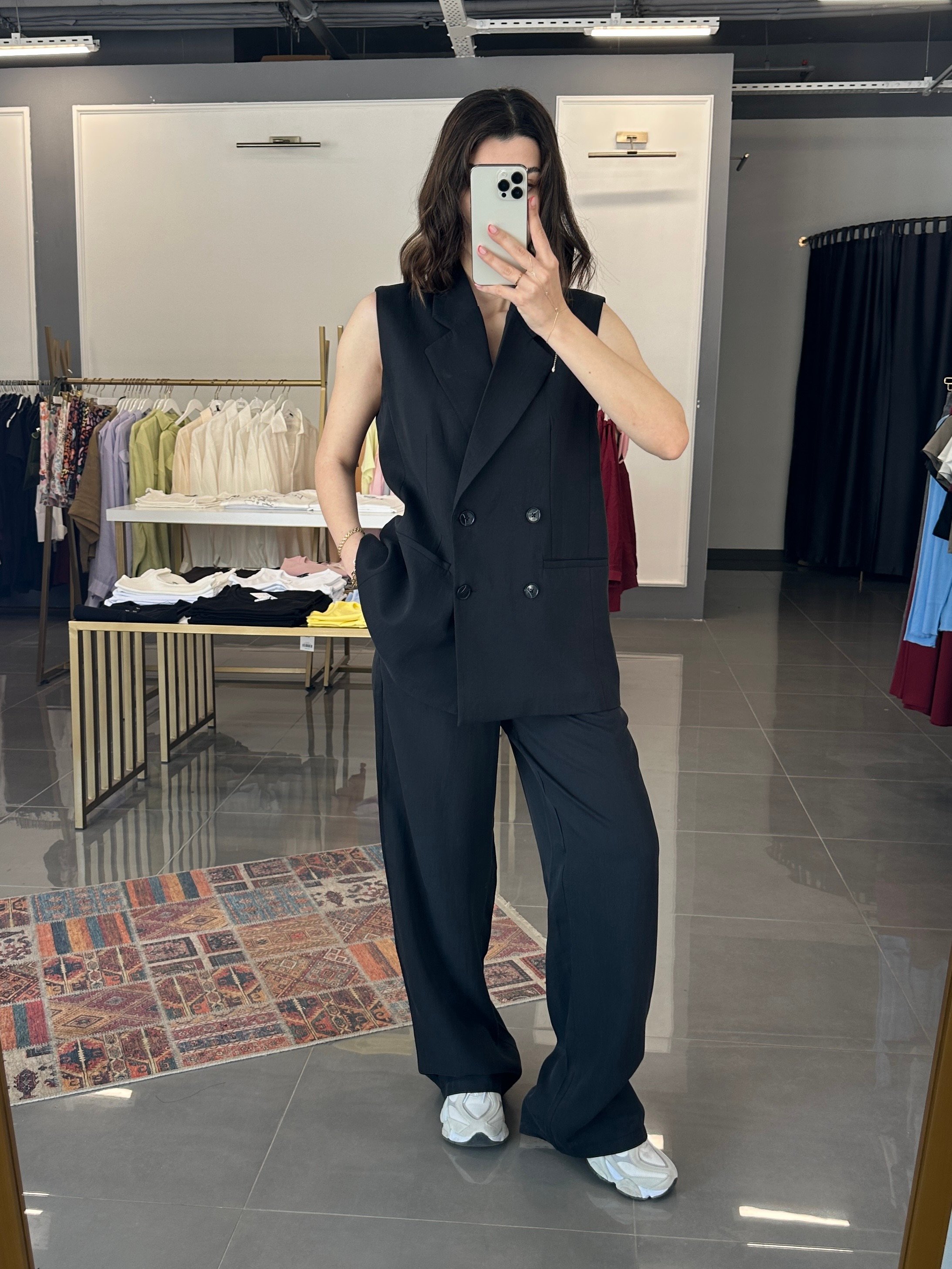 Oversize Yelek Pantolon Tensel Takım Siyah