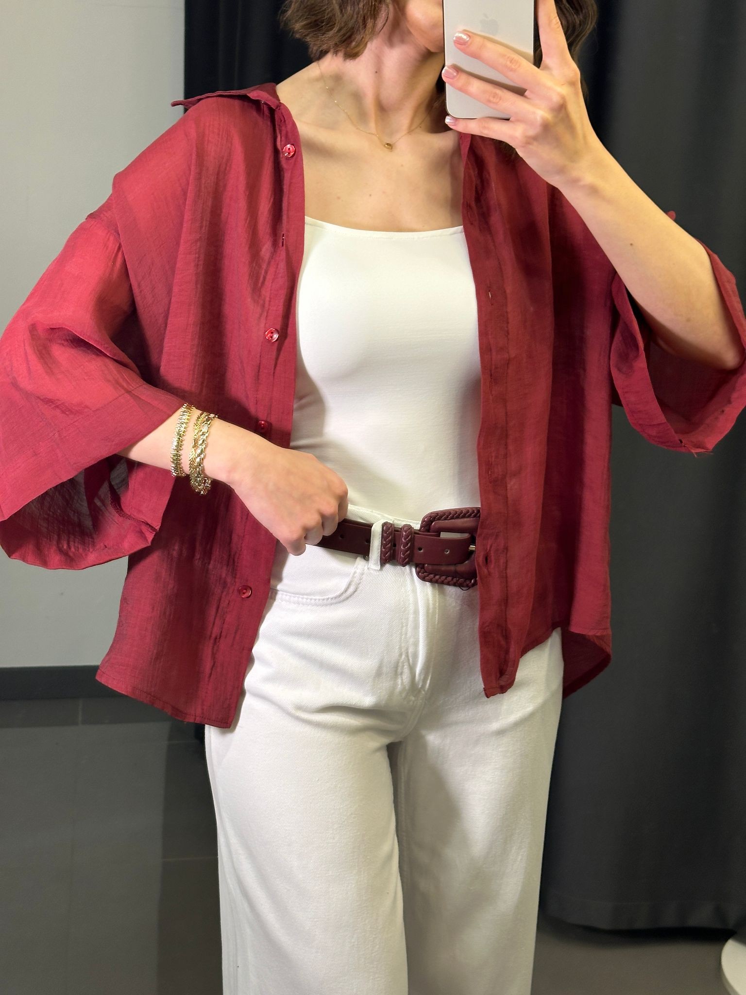 Oversize İpeksi Gömlek Bordo STD