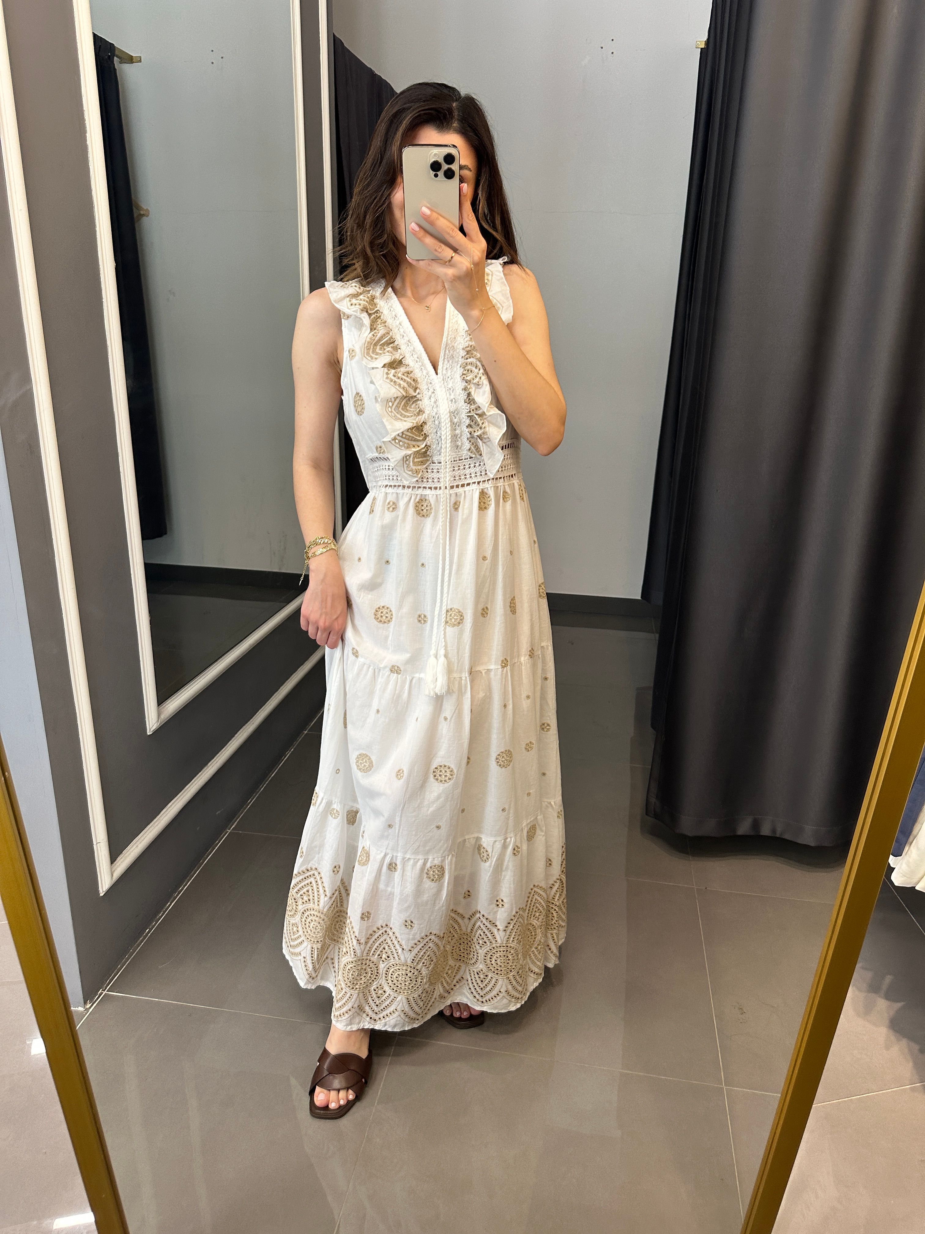 Premium Özel İşlemeli Ekru-Camel Elbise