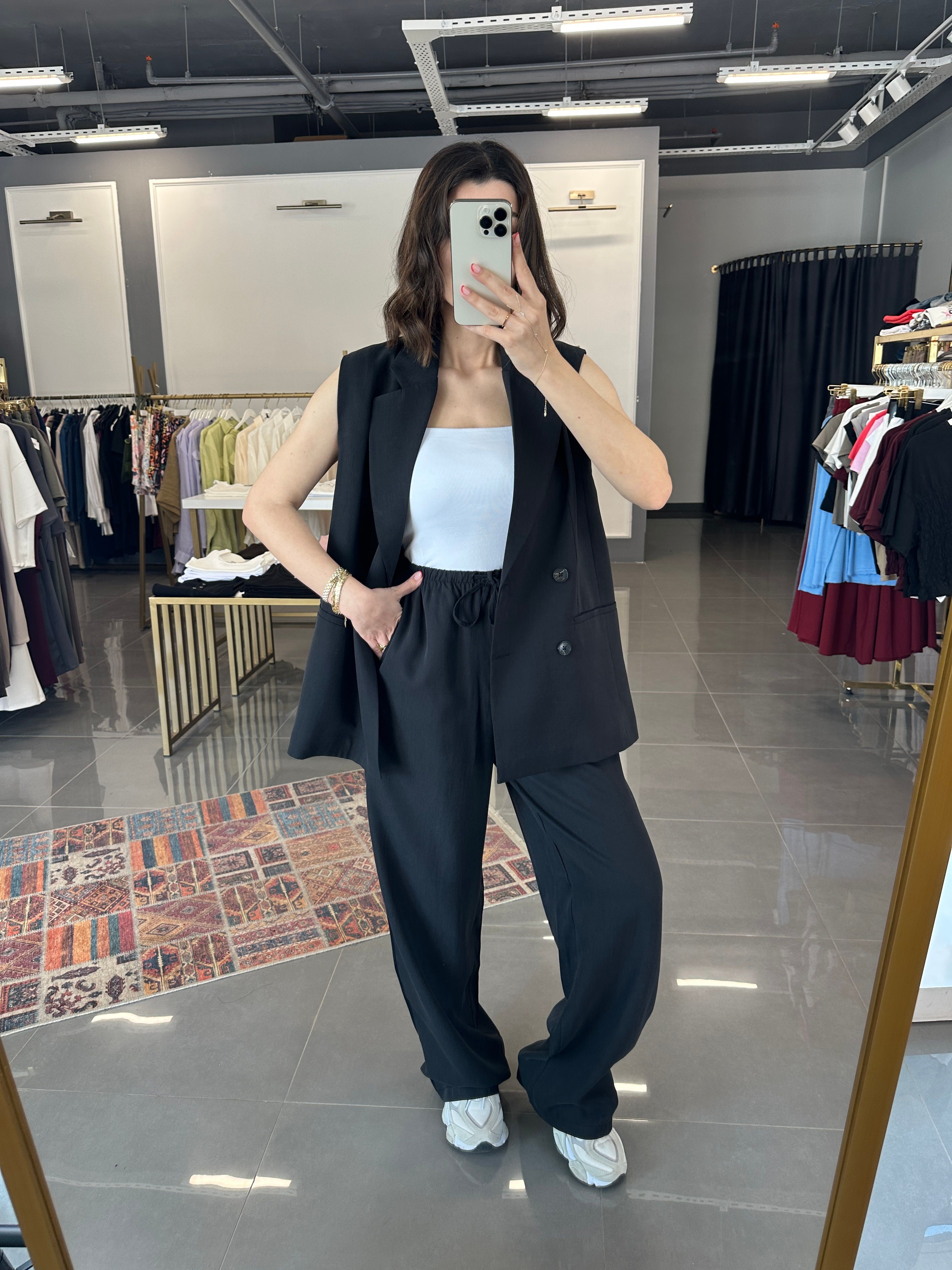 Oversize Yelek Pantolon Tensel Takım Siyah