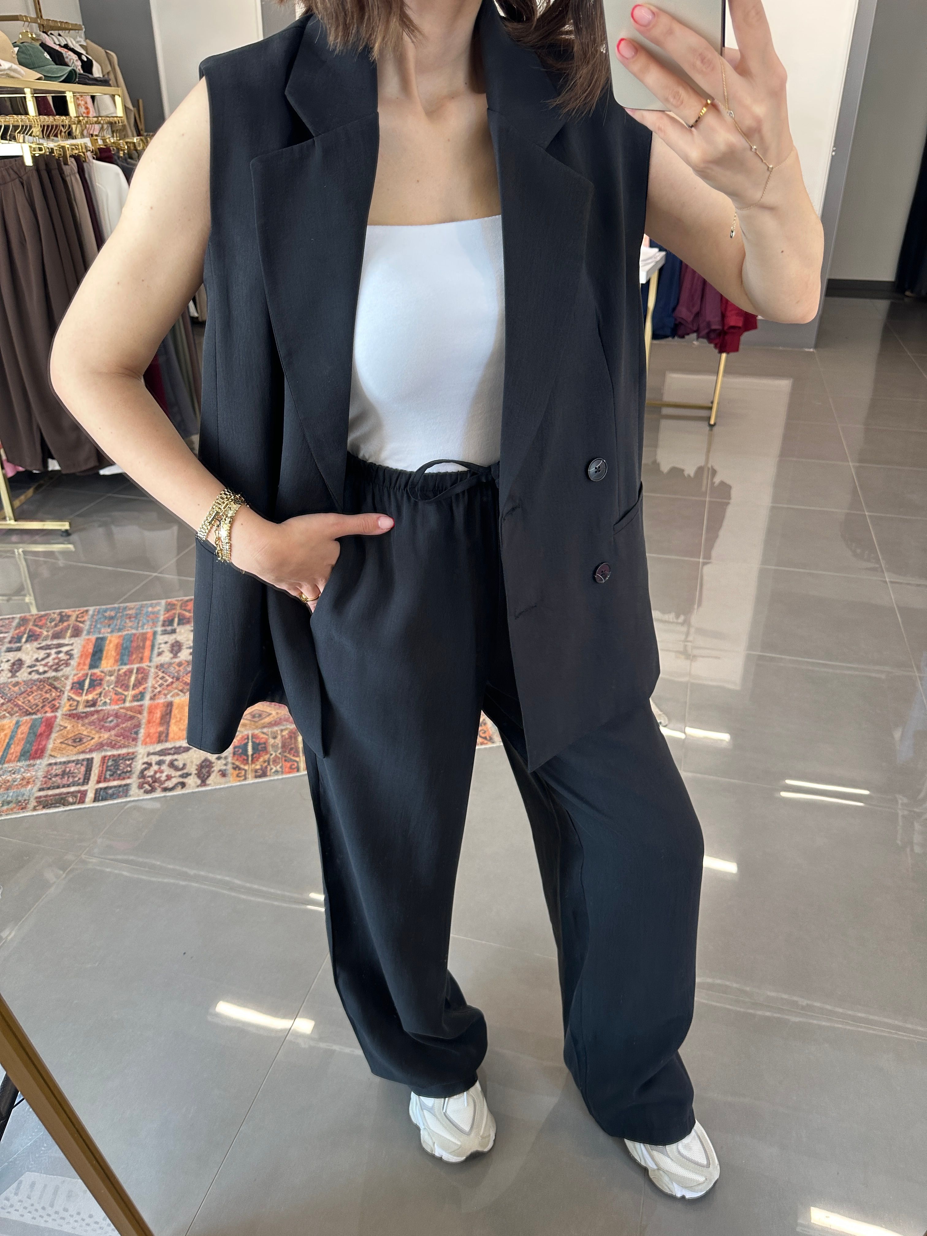 Oversize Yelek Pantolon Tensel Takım Siyah