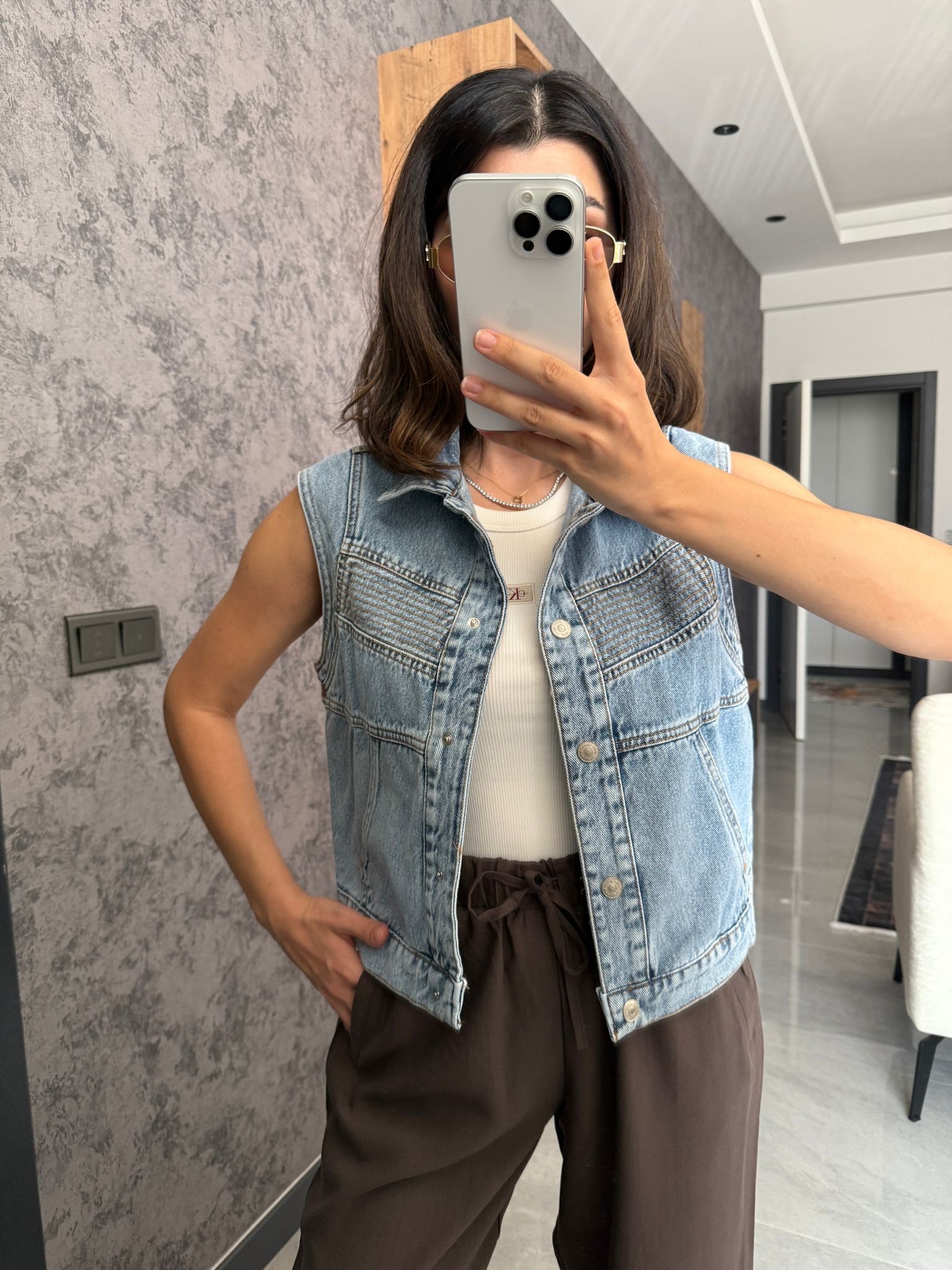 Dikiş Detay Denim Yelek