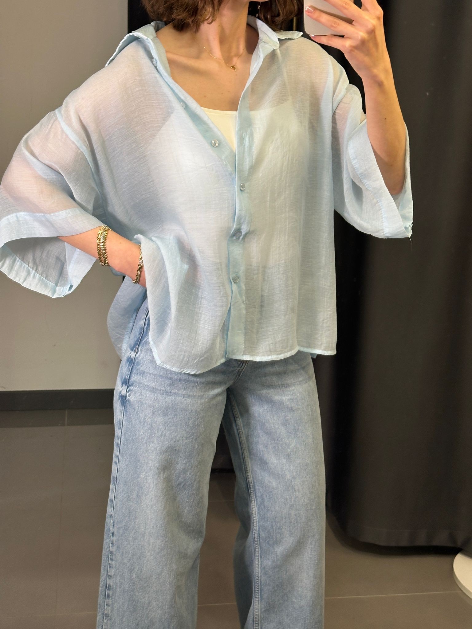 Oversize İpeksi Gömlek Açık Mavi STD