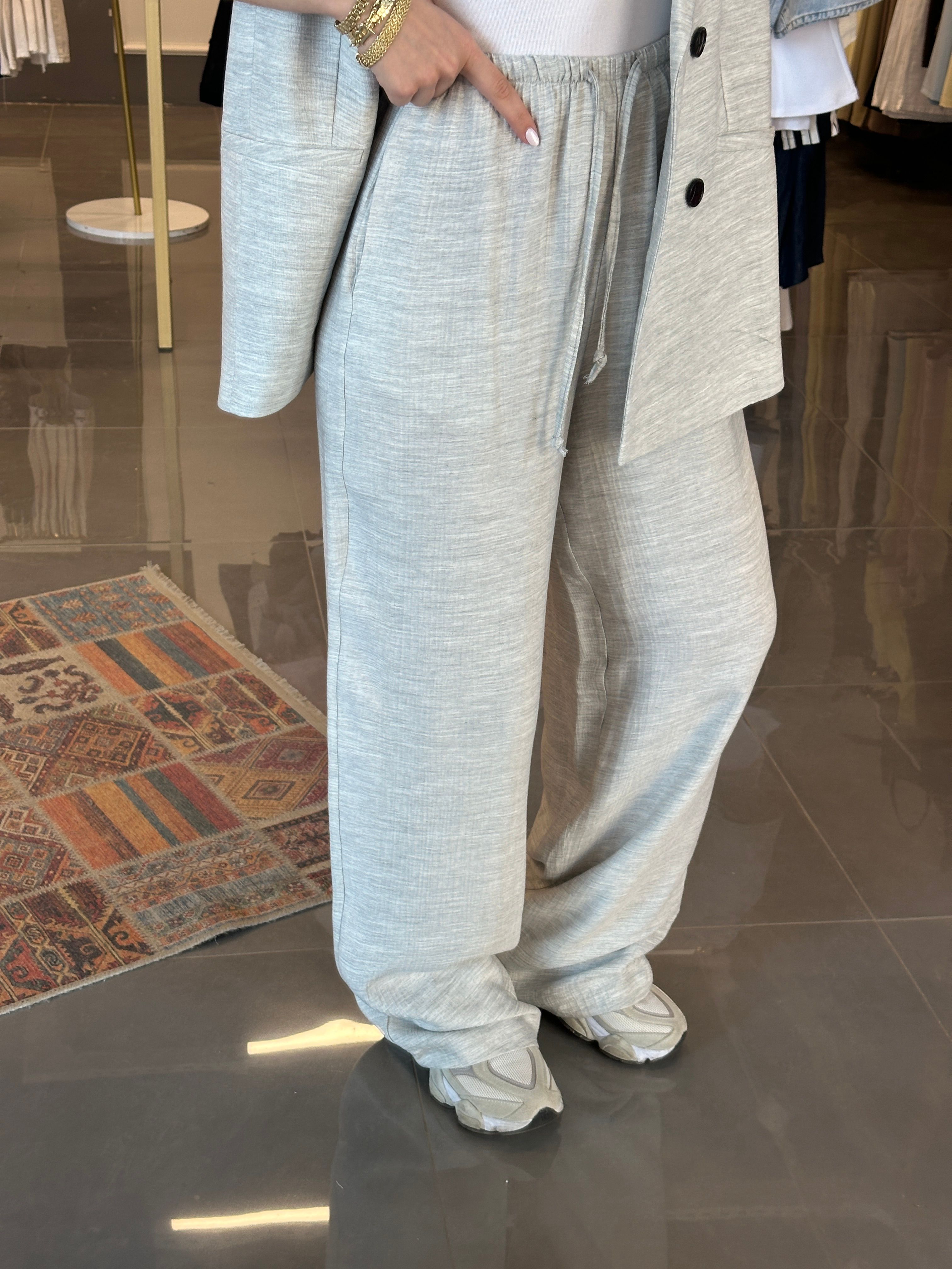 Oversize Yelek Pantolon Müslin Takım Gri