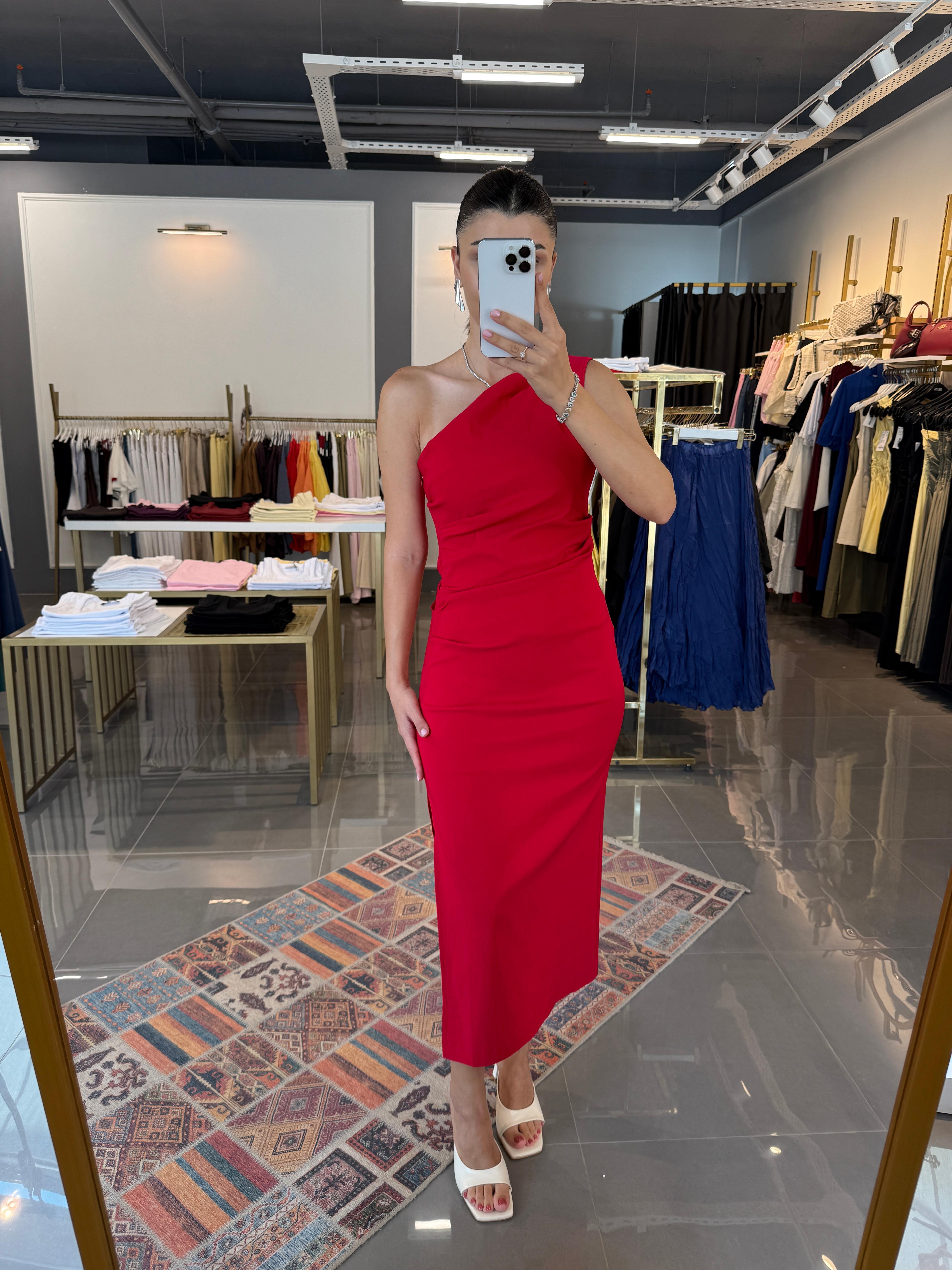 Premium Kumaş Tek Omuz Midi Elbise