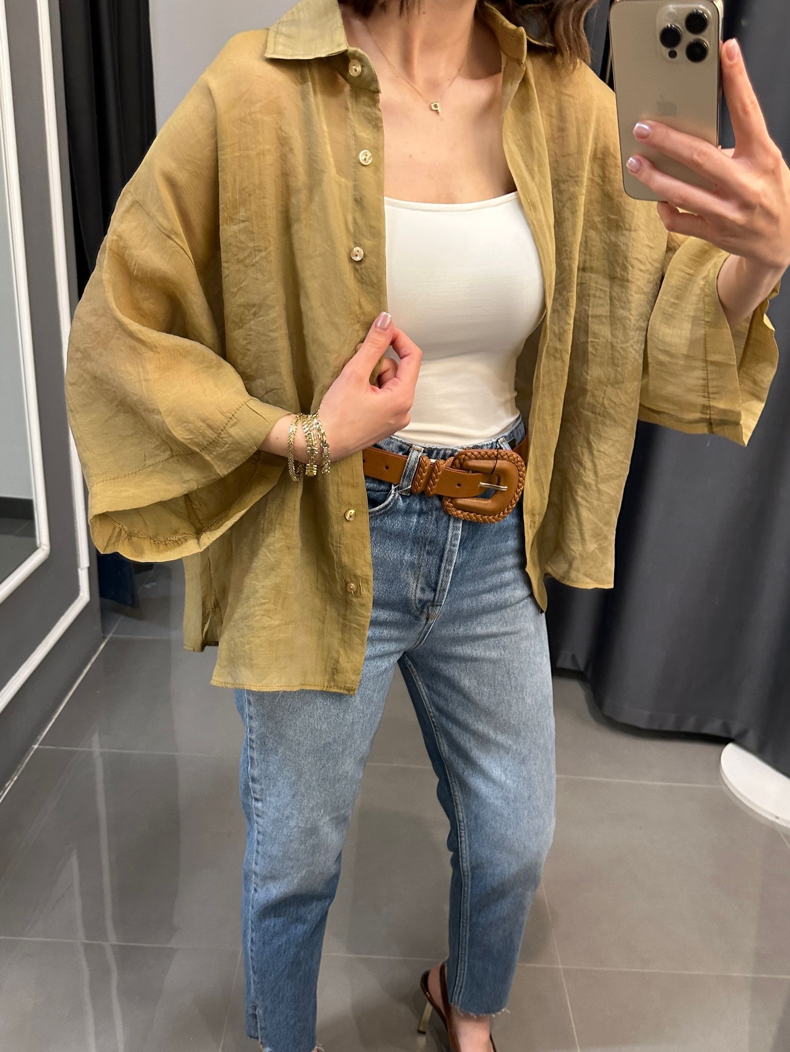 Oversize İpeksi Gömlek Olive 