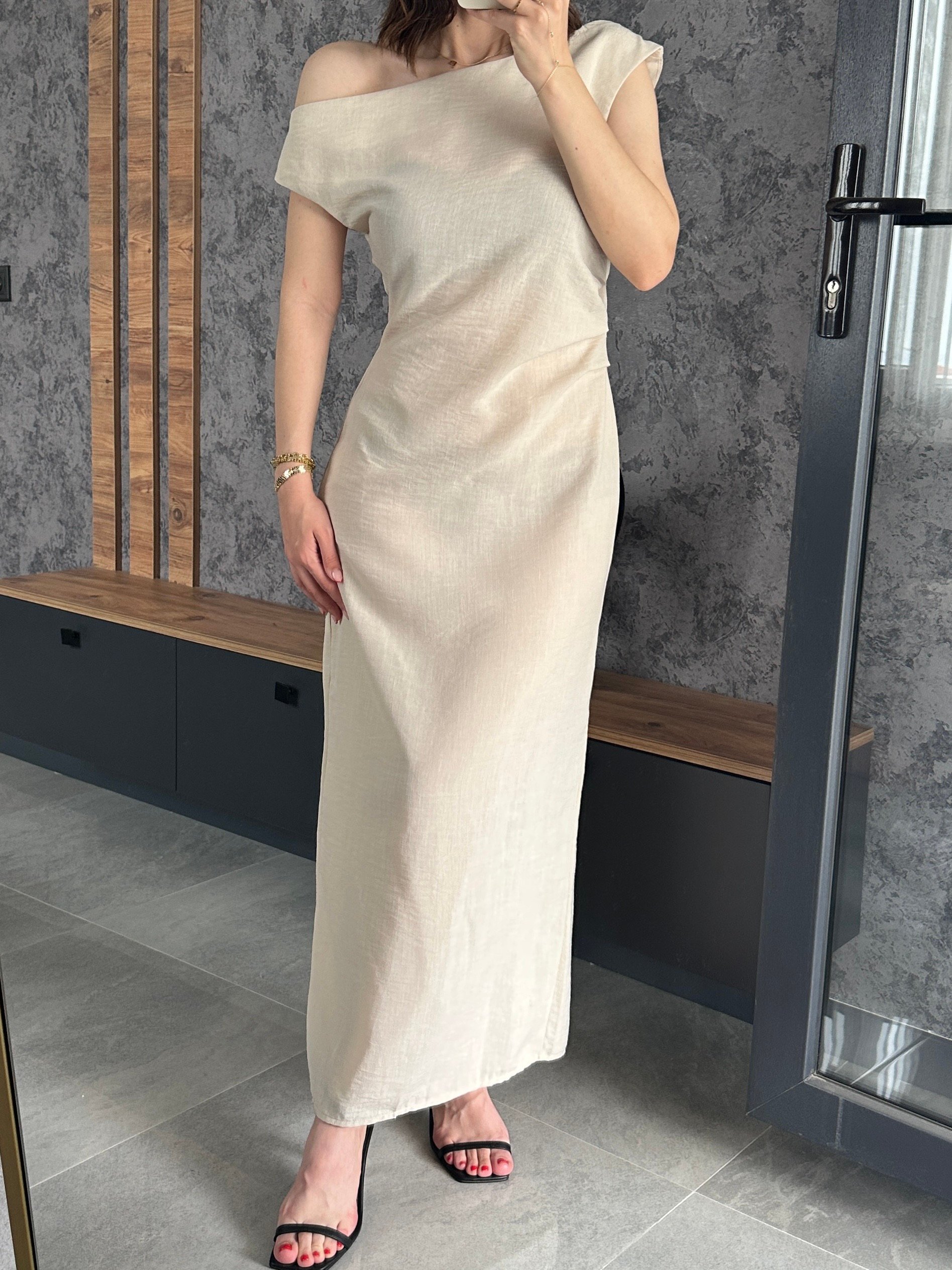 Ham Keten Drape Detay Elbise