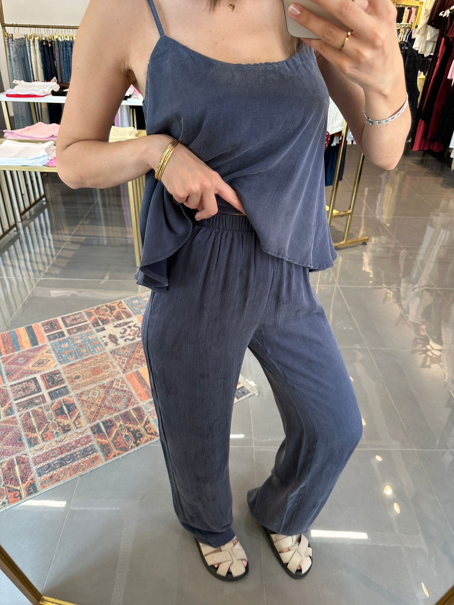 Askılı Bluz Pantolon Takım İndigo