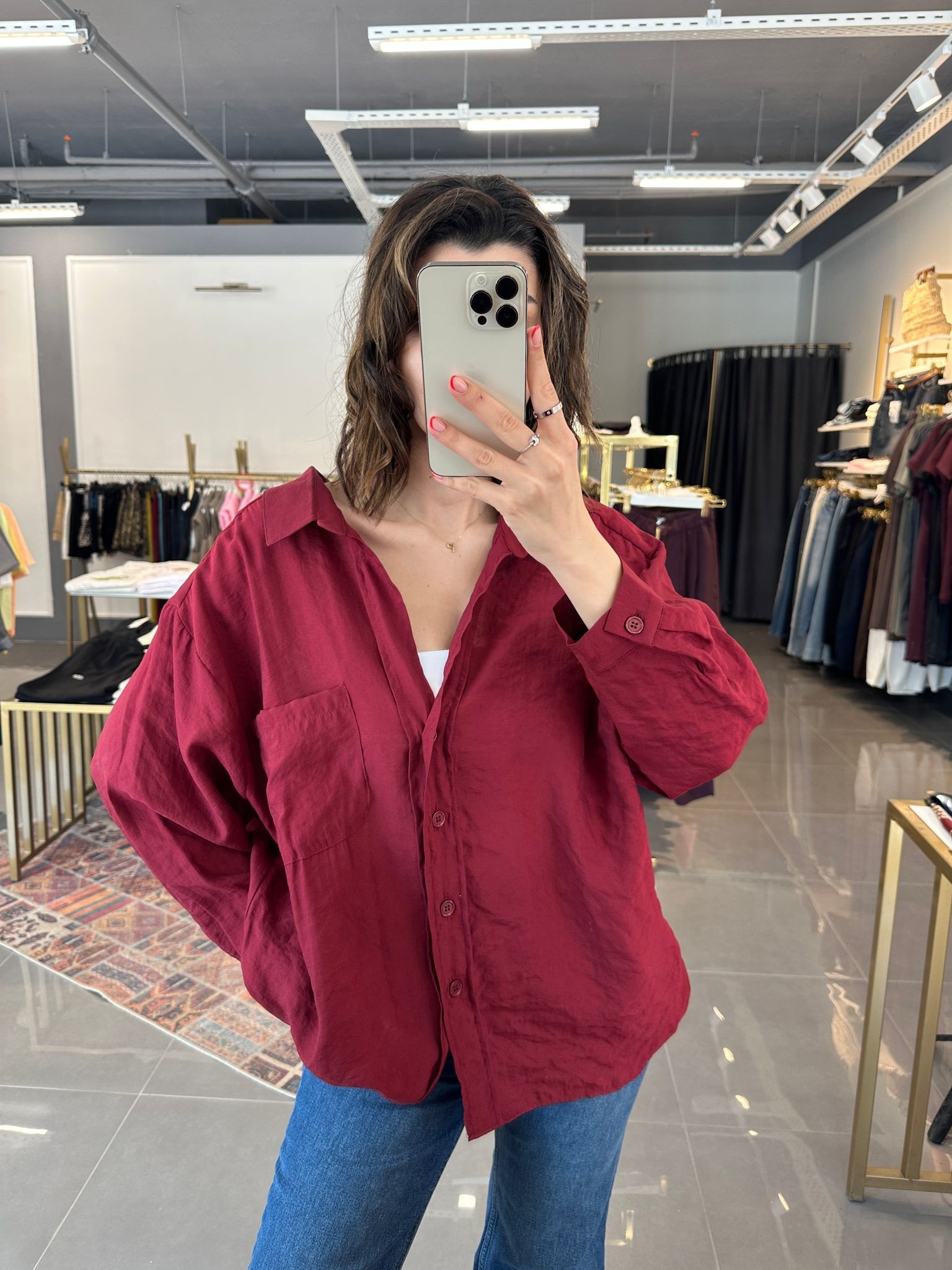 Oversize Düşük Omuz Tensel Gömlek Bordo STD