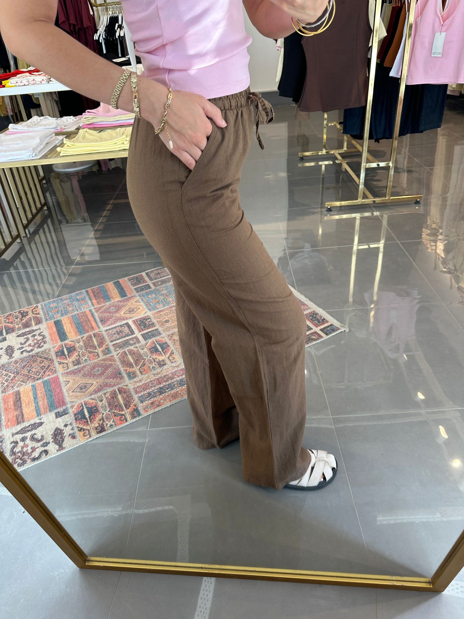 Ham Keten Bağcıklı Pantolon 