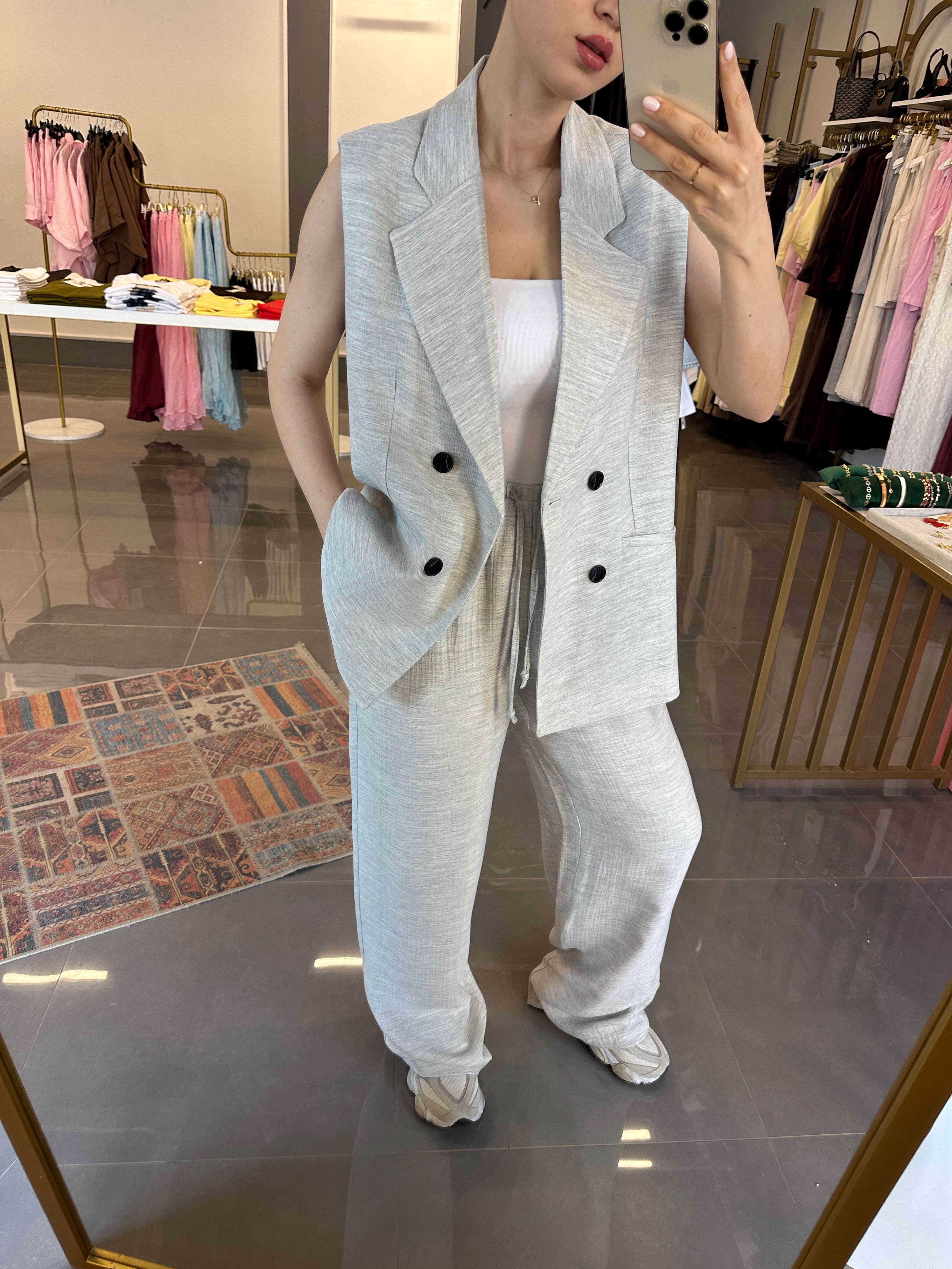 Oversize Yelek Pantolon Müslin Takım Gri
