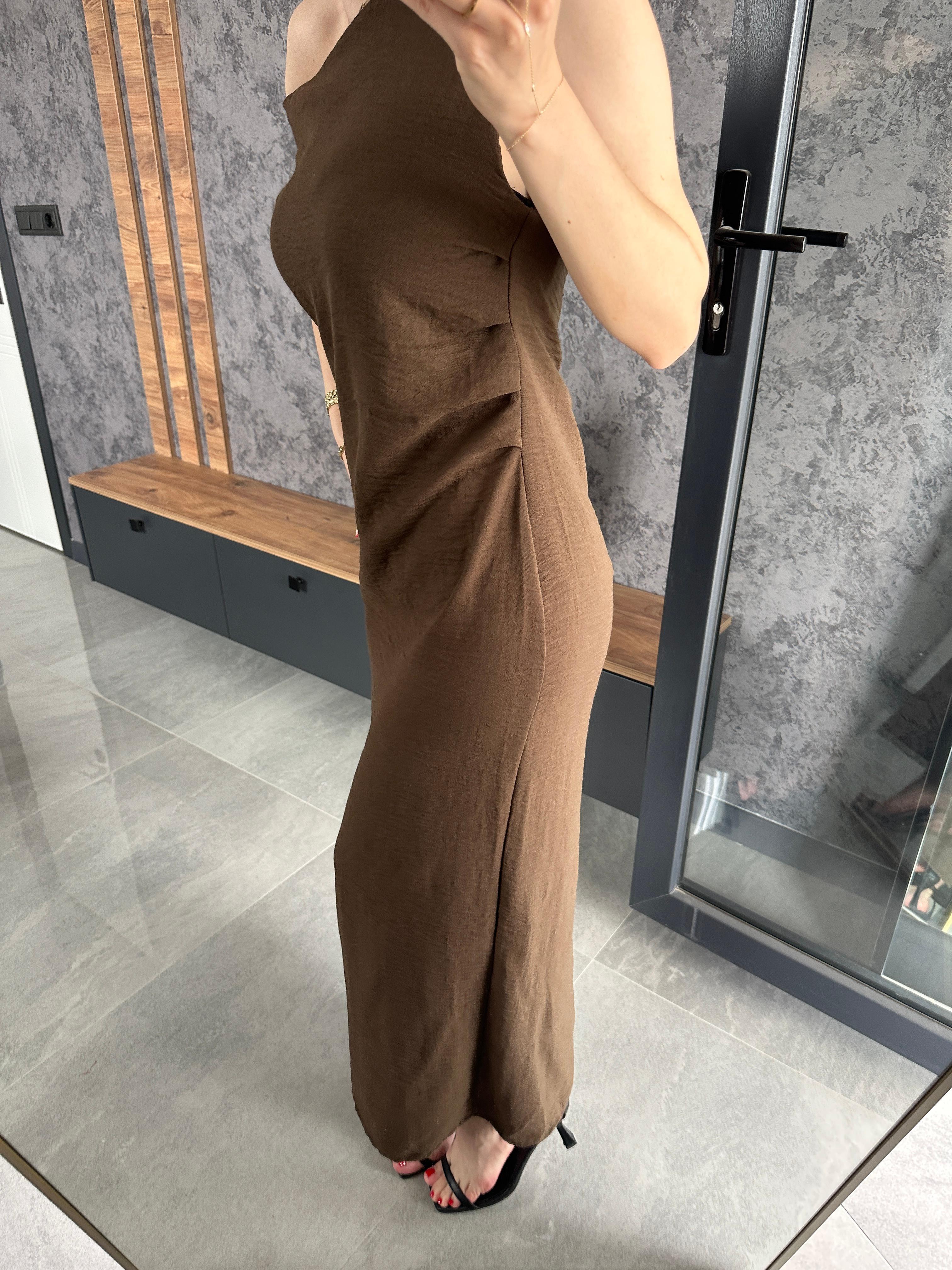 Ham Keten Drape Detay Elbise Kahve