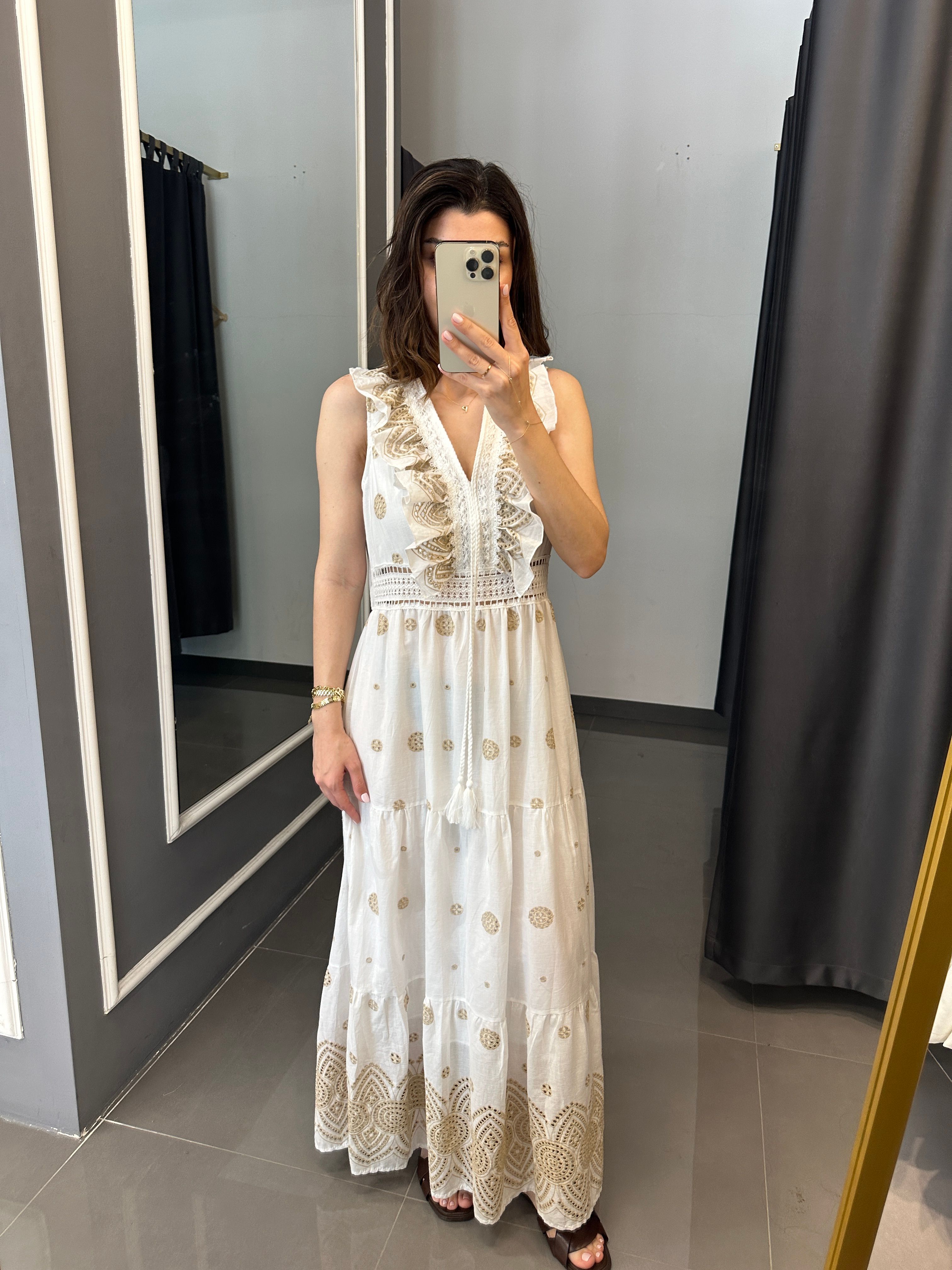 Premium Özel İşlemeli Ekru-Camel Elbise