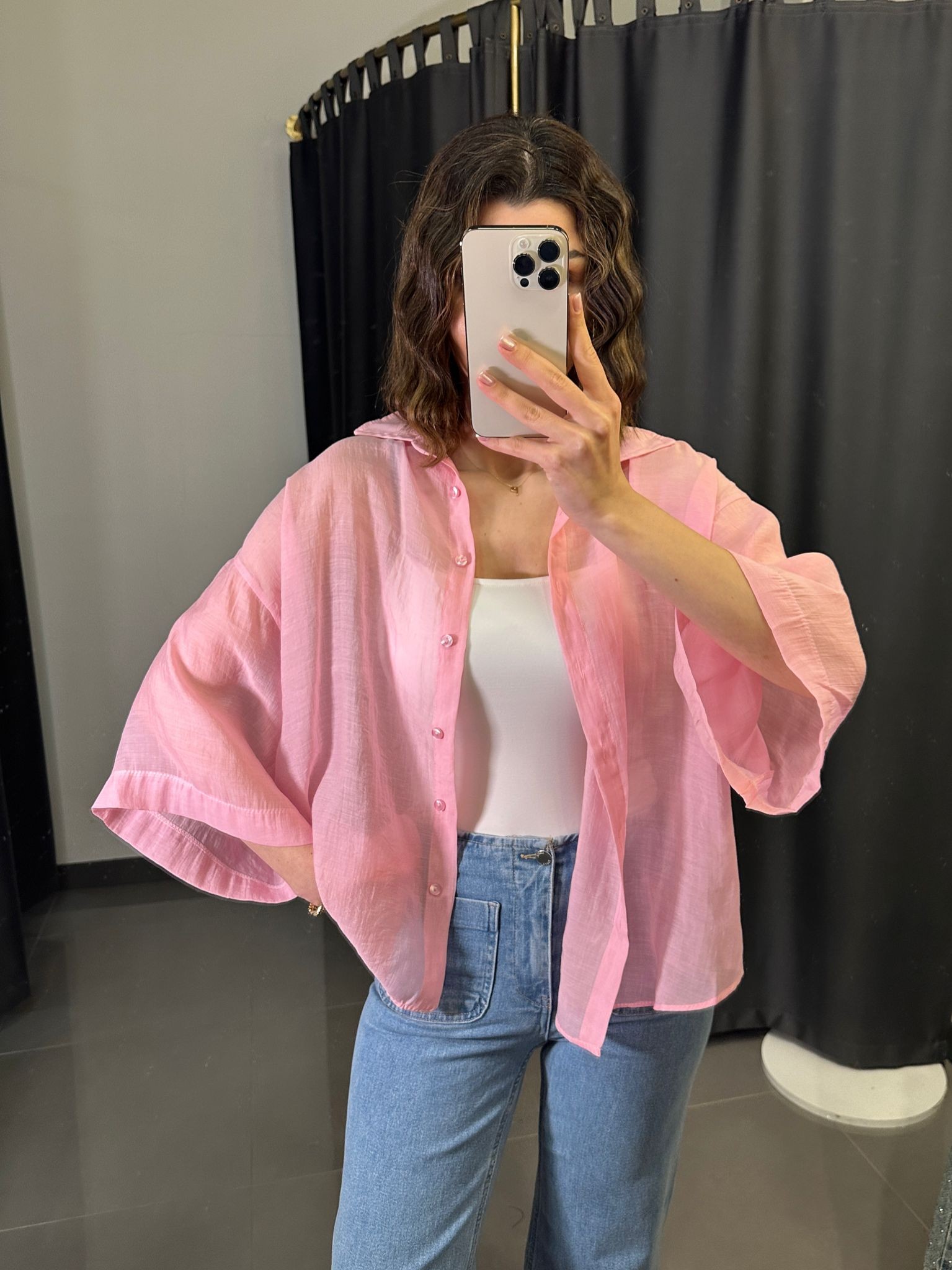 Oversize İpeksi Gömlek Pembe STD