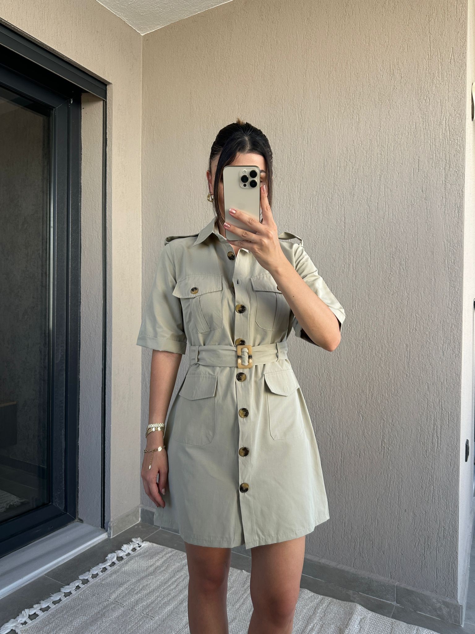 Kemerli Cep Detay Gabardin Elbise