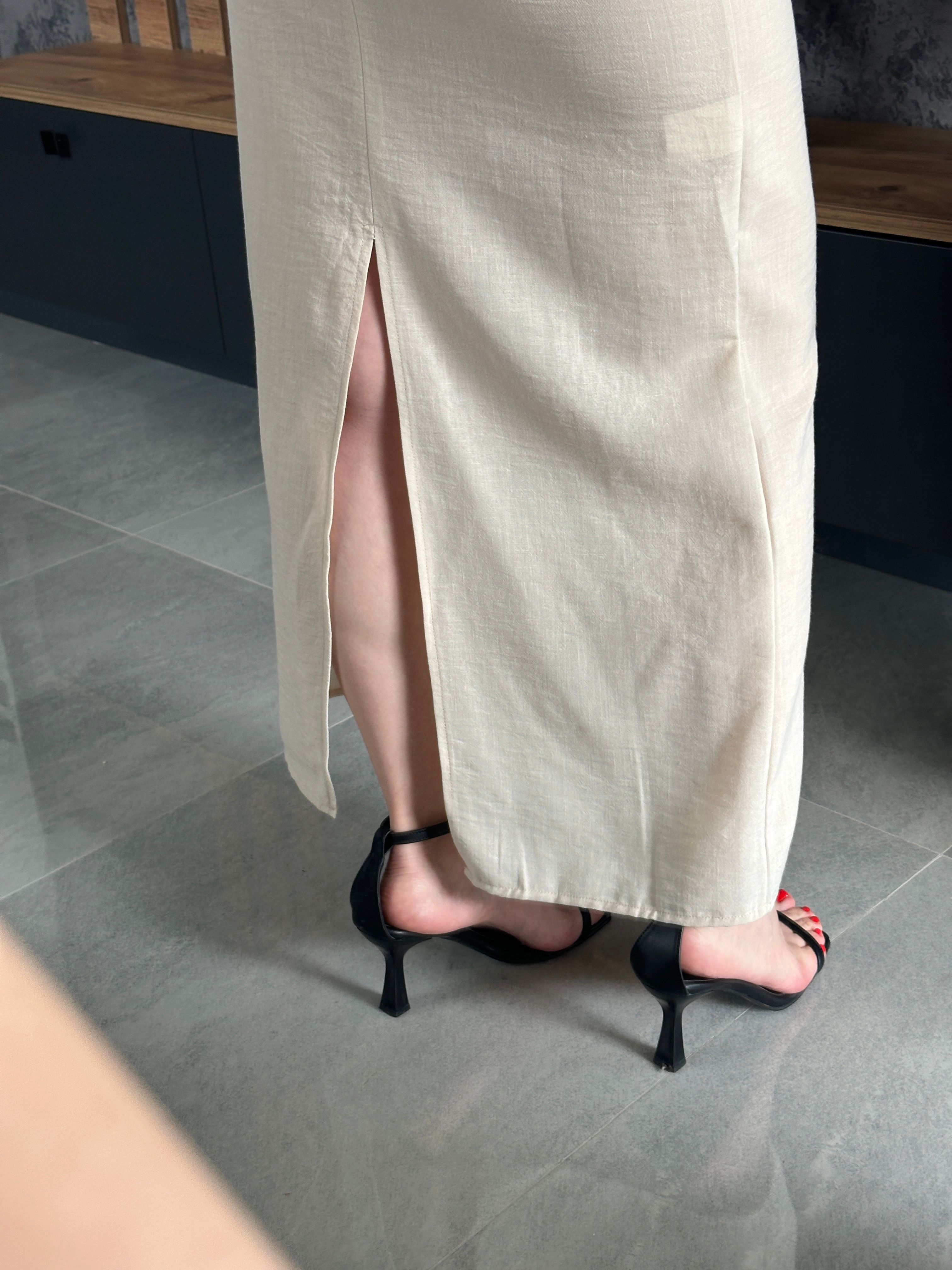 Ham Keten Drape Detay Elbise