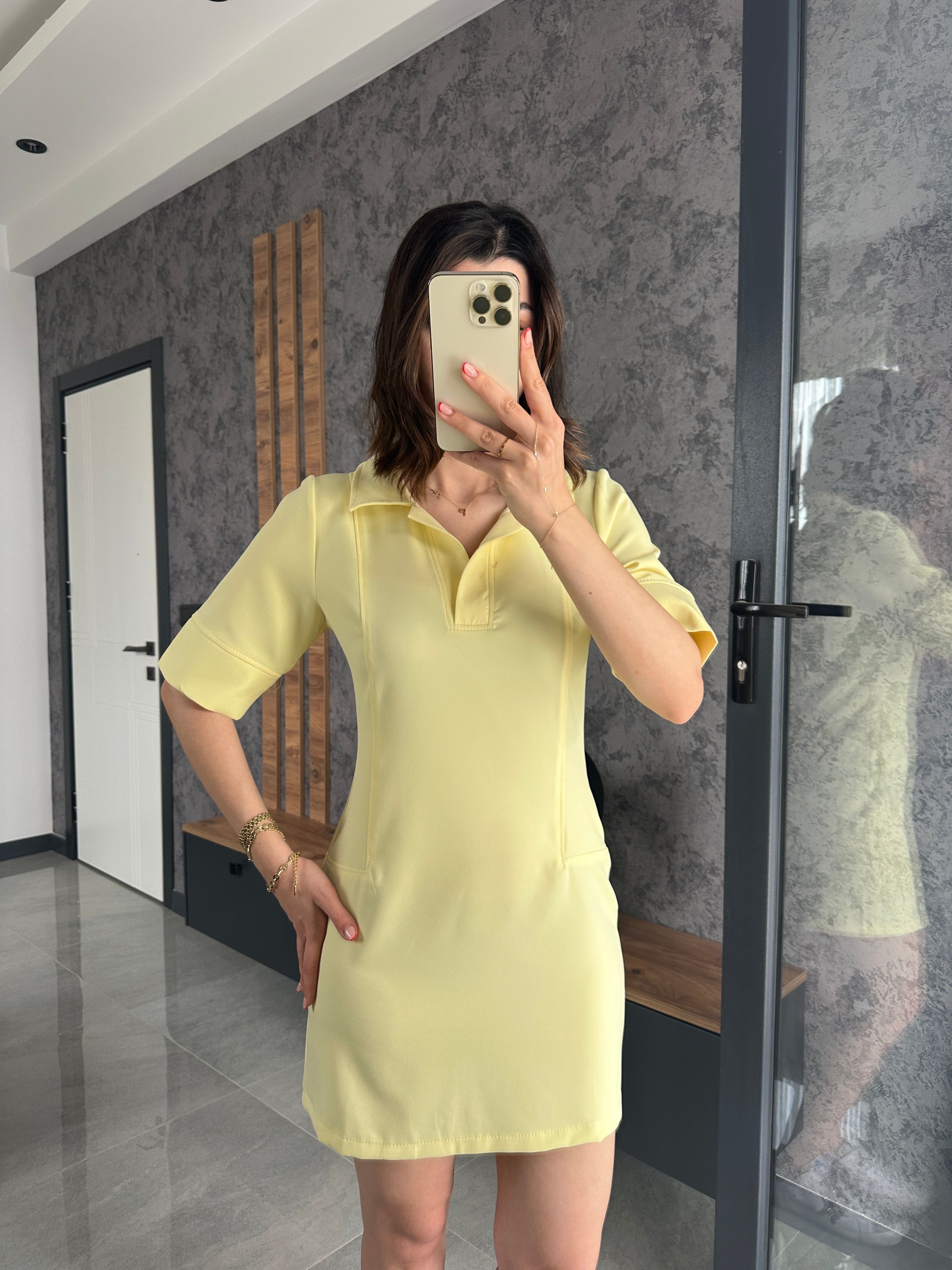 Lüks Kalite Gömlek Yaka Elbise Sarı