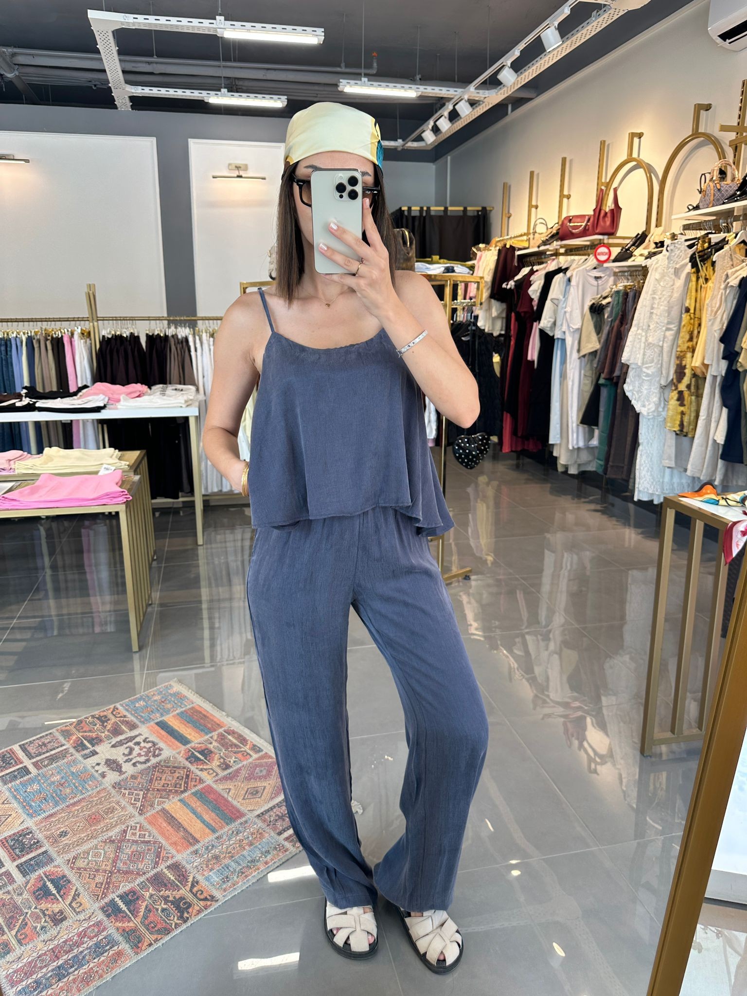 Askılı Bluz Pantolon Takım İndigo