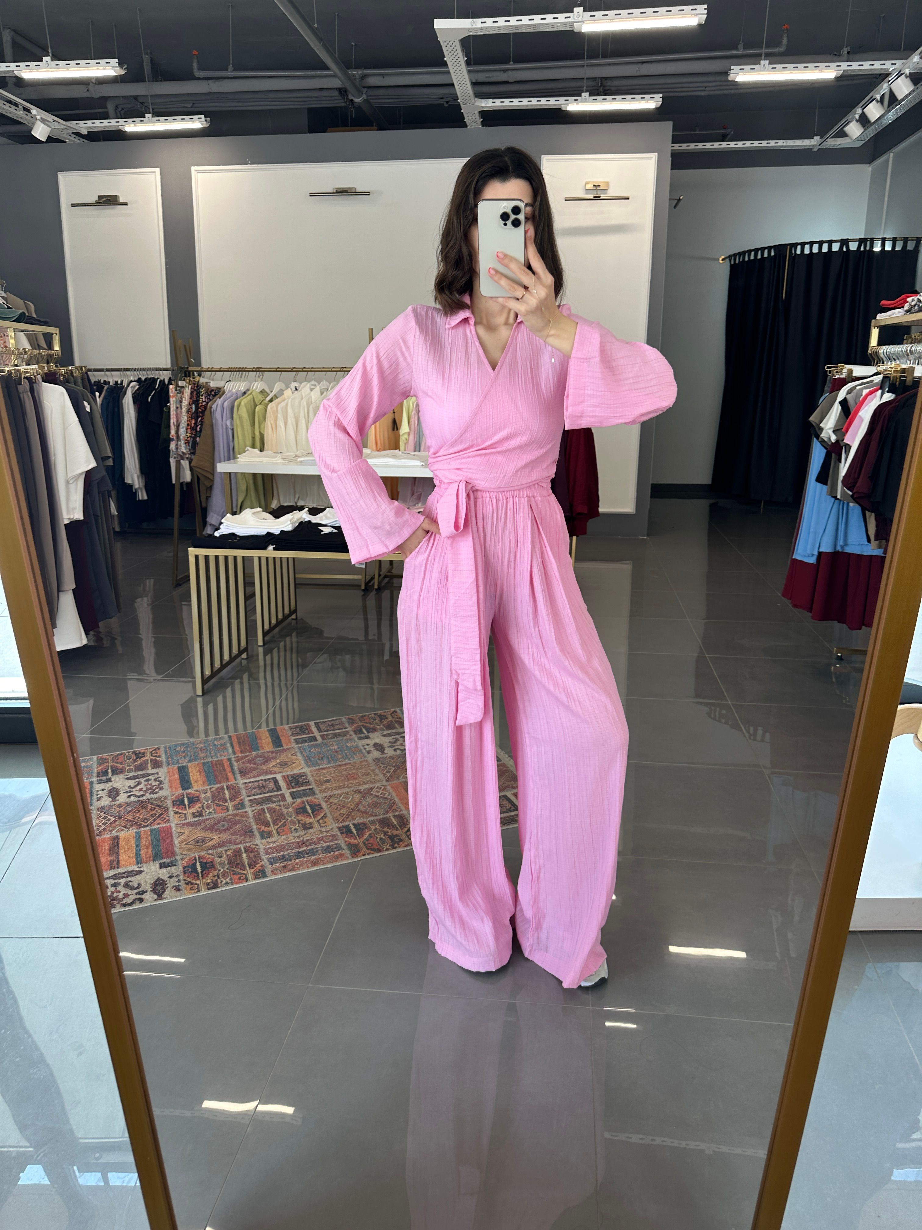 Gofre Kumaş Tasarım Takım Pembe 