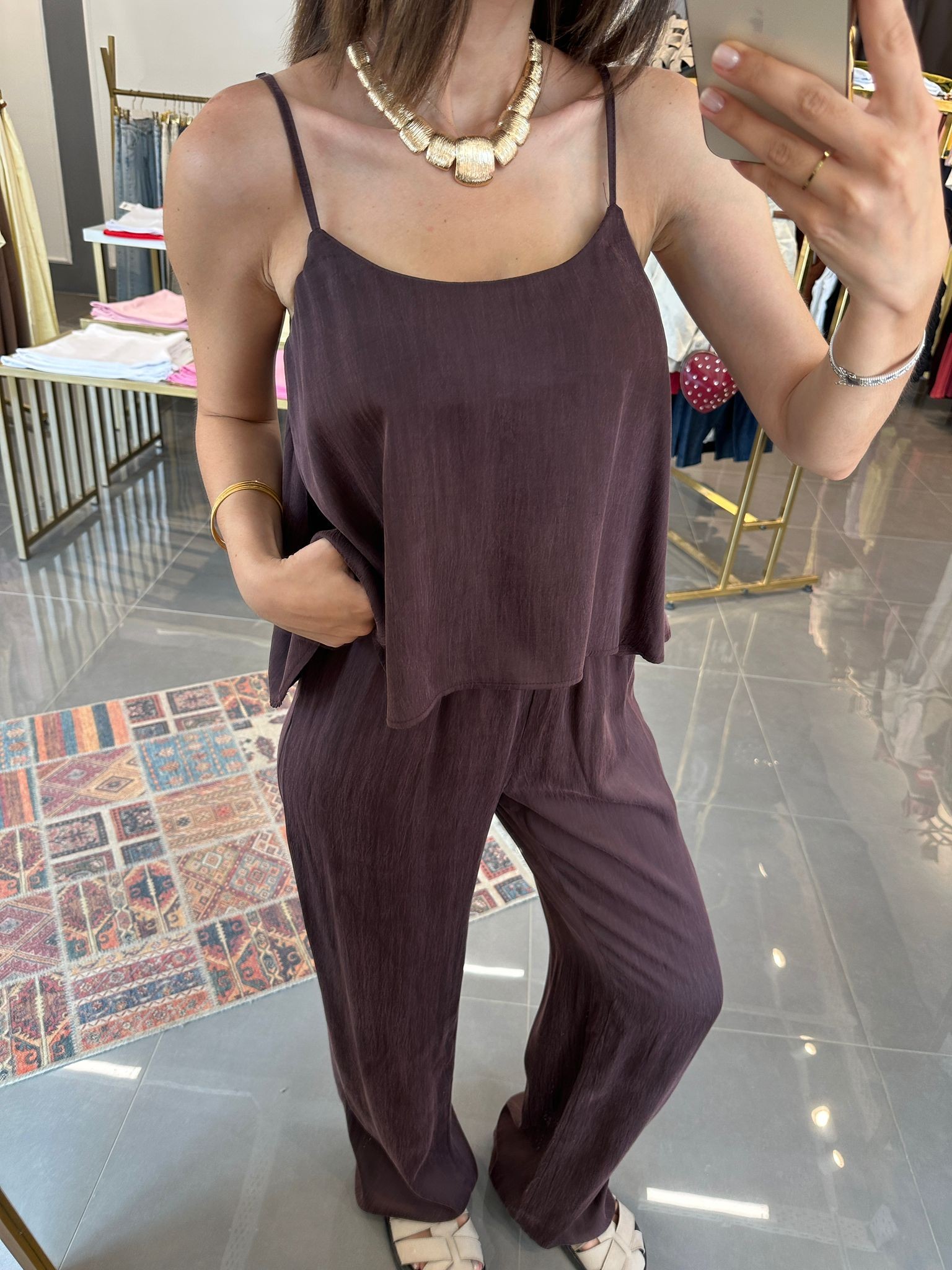 Askılı Bluz Pantolon Takım Mürdüm