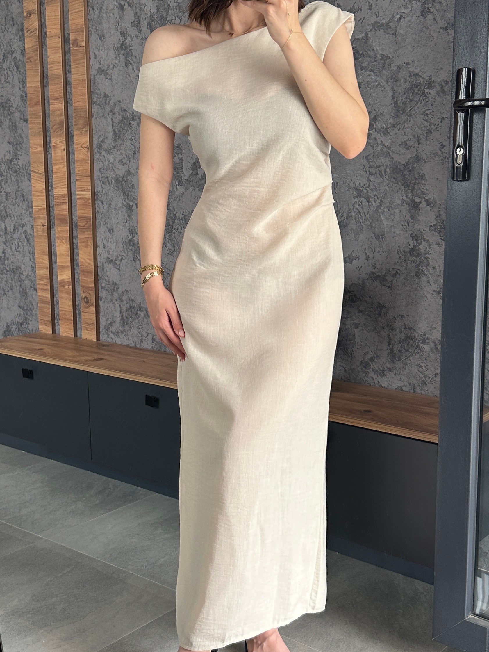 Ham Keten Drape Detay Elbise