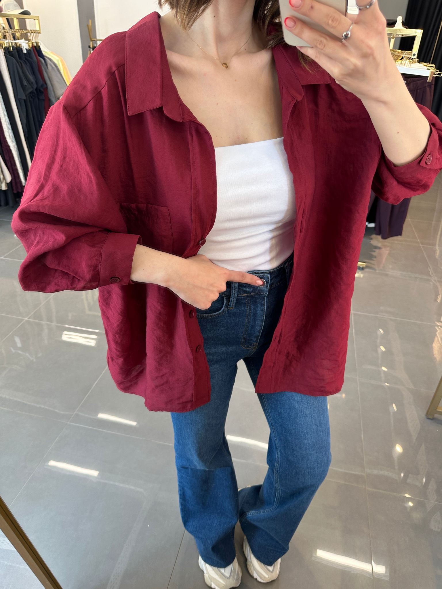 Oversize Düşük Omuz Tensel Gömlek Bordo STD