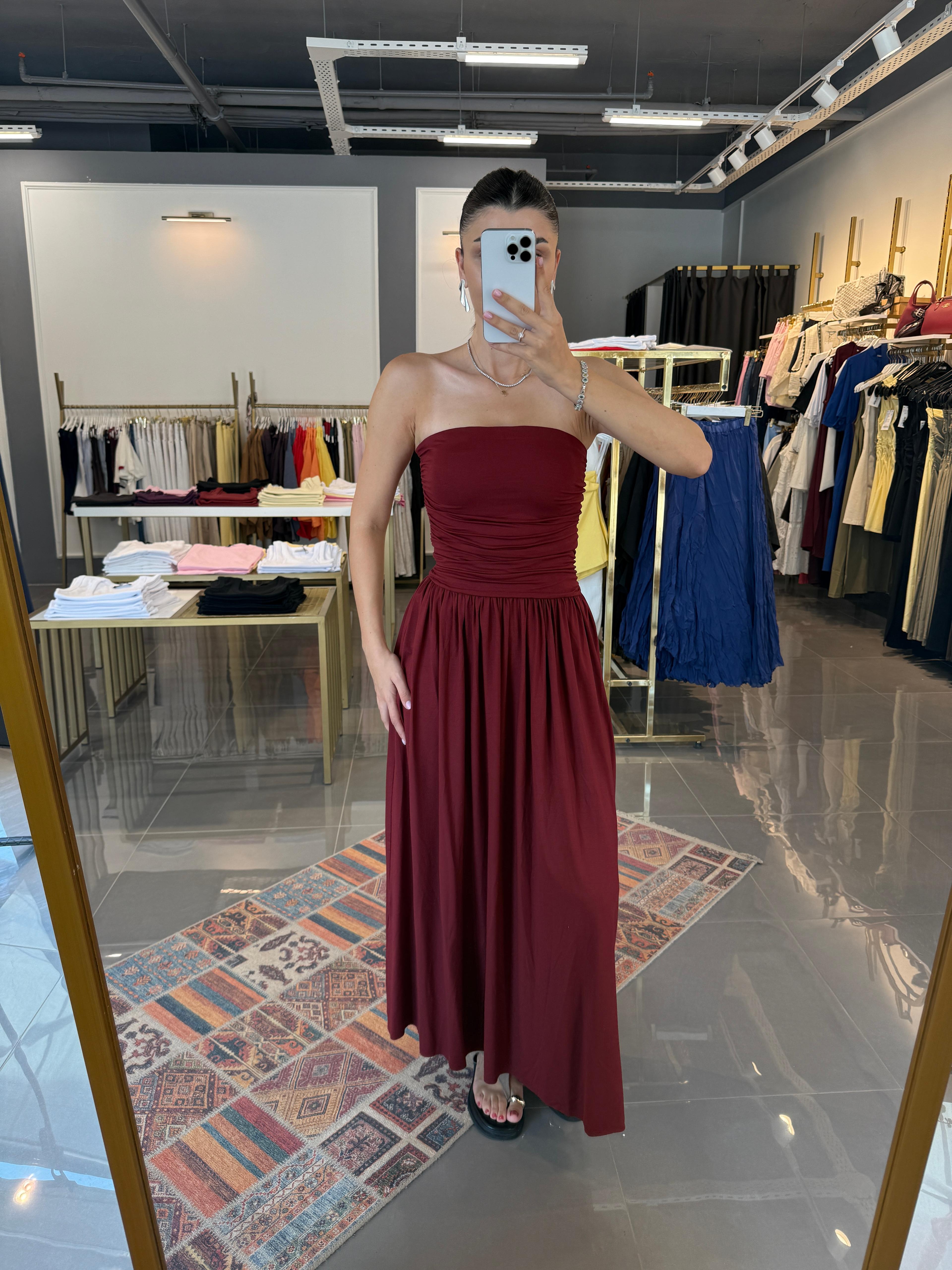  Straplez Büzgülü Modal Elbise