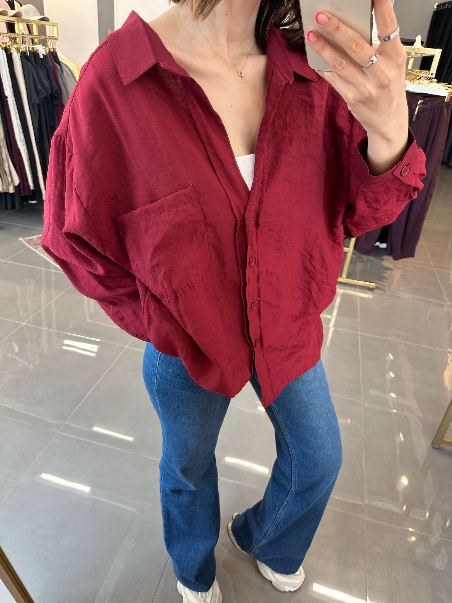Oversize Düşük Omuz Tensel Gömlek Bordo STD