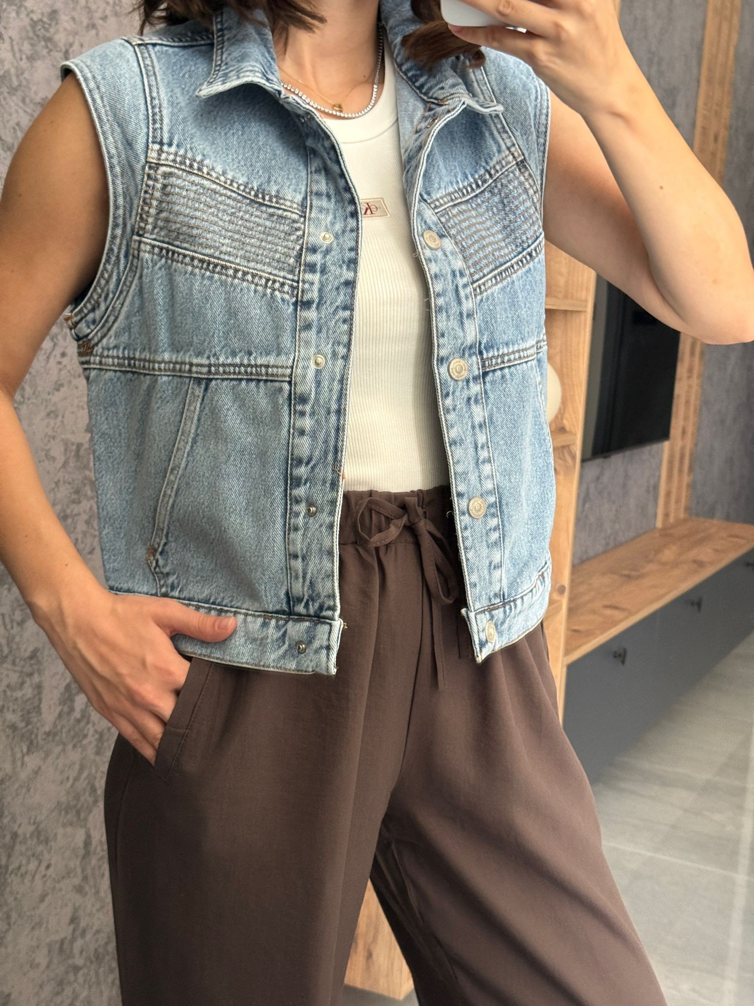 Dikiş Detay Denim Yelek