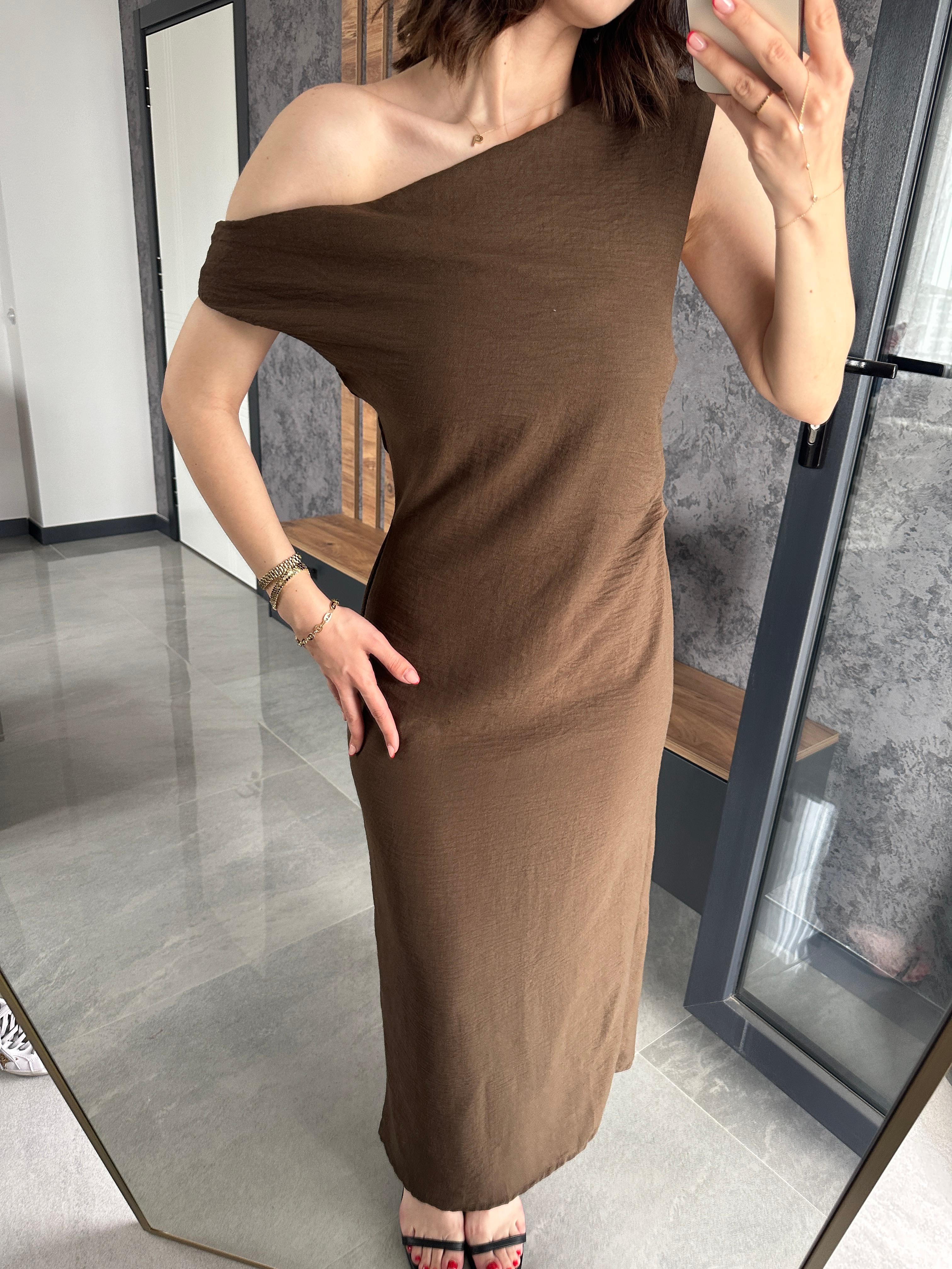 Ham Keten Drape Detay Elbise Kahve