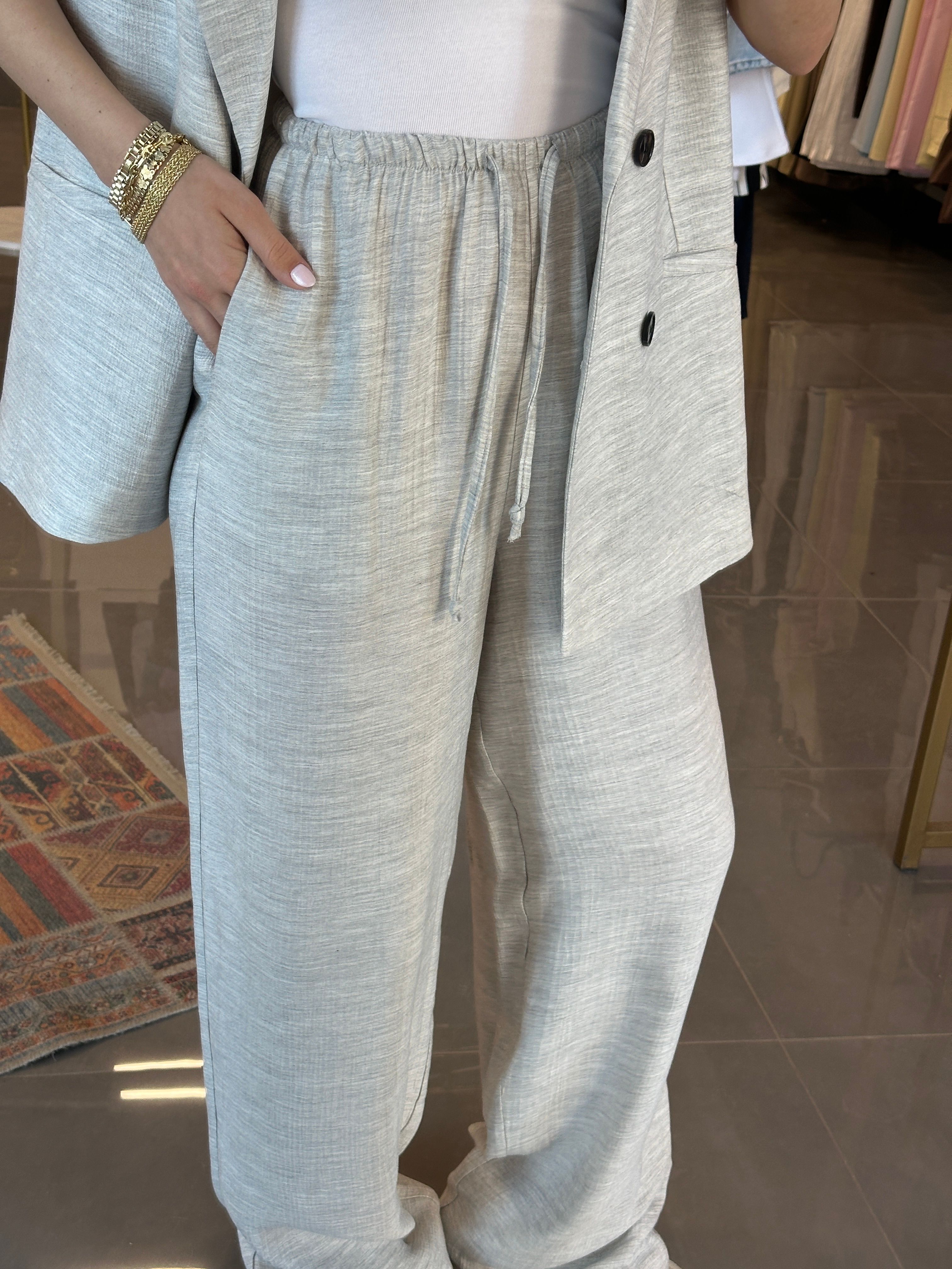 Oversize Yelek Pantolon Müslin Takım Gri